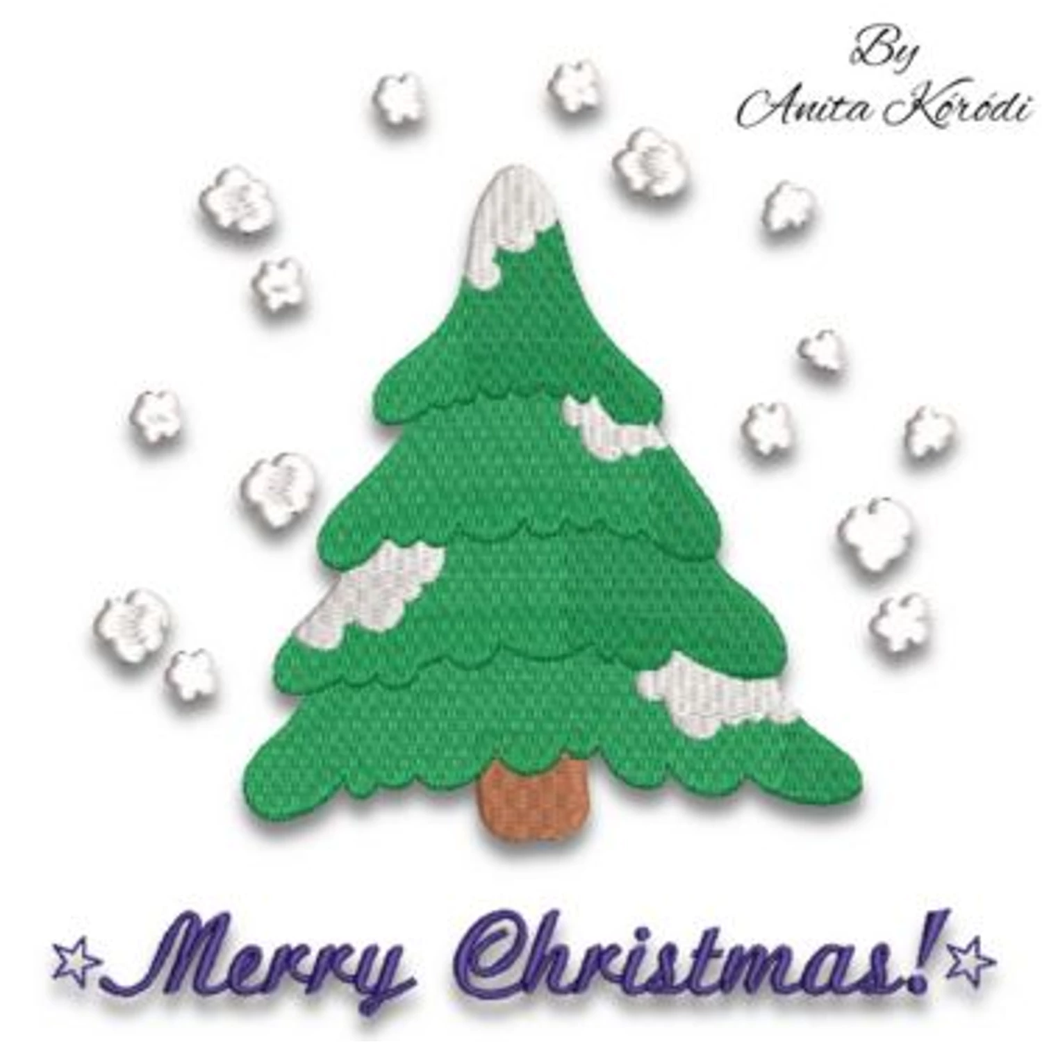 Merry Christmas tree embroidery design with snowflakes and festive text