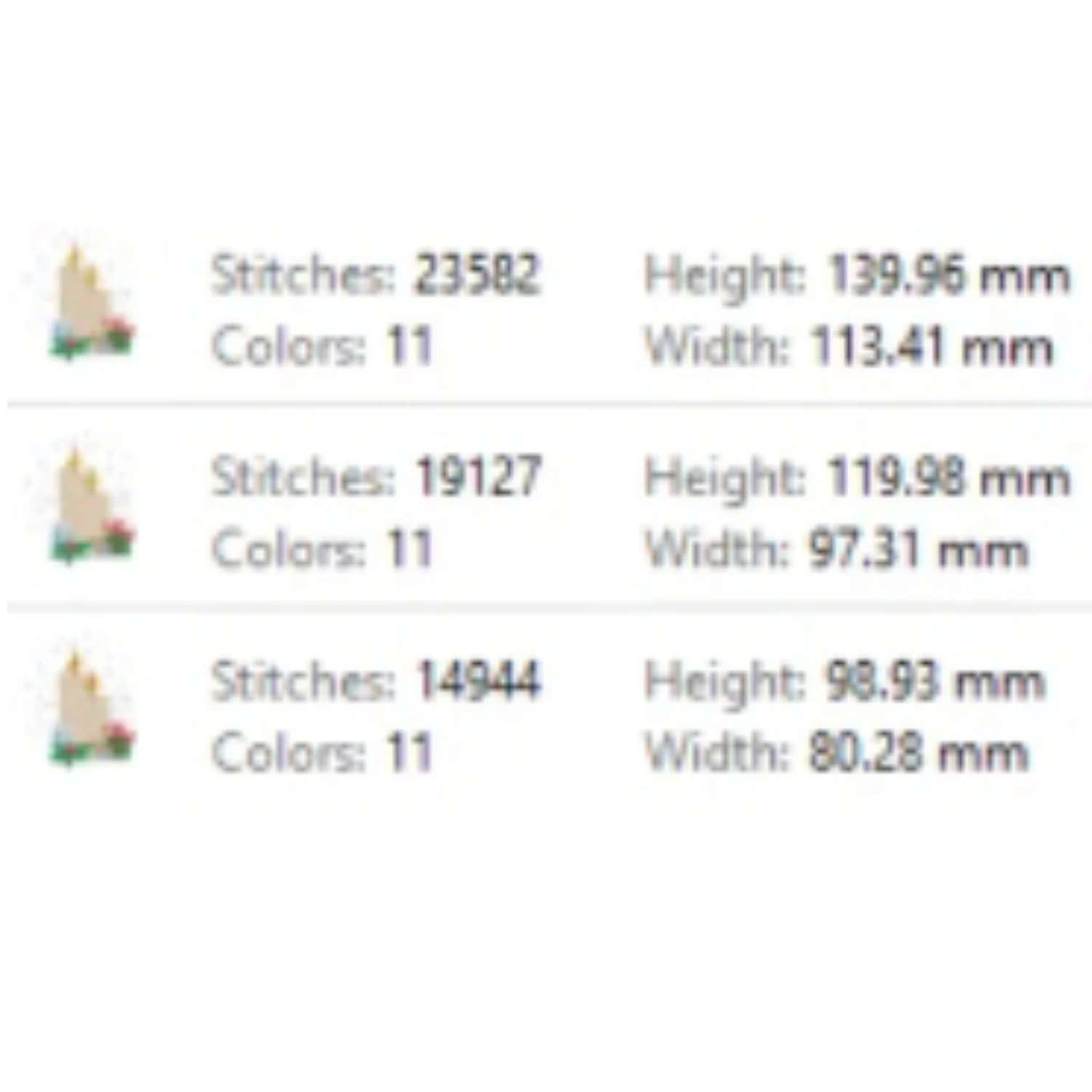 Christmas candles embroidery design sizes and stitch counts