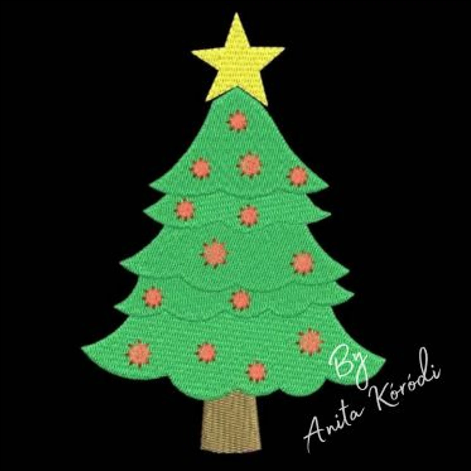 Classic Christmas tree embroidery design with yellow star and red ornaments