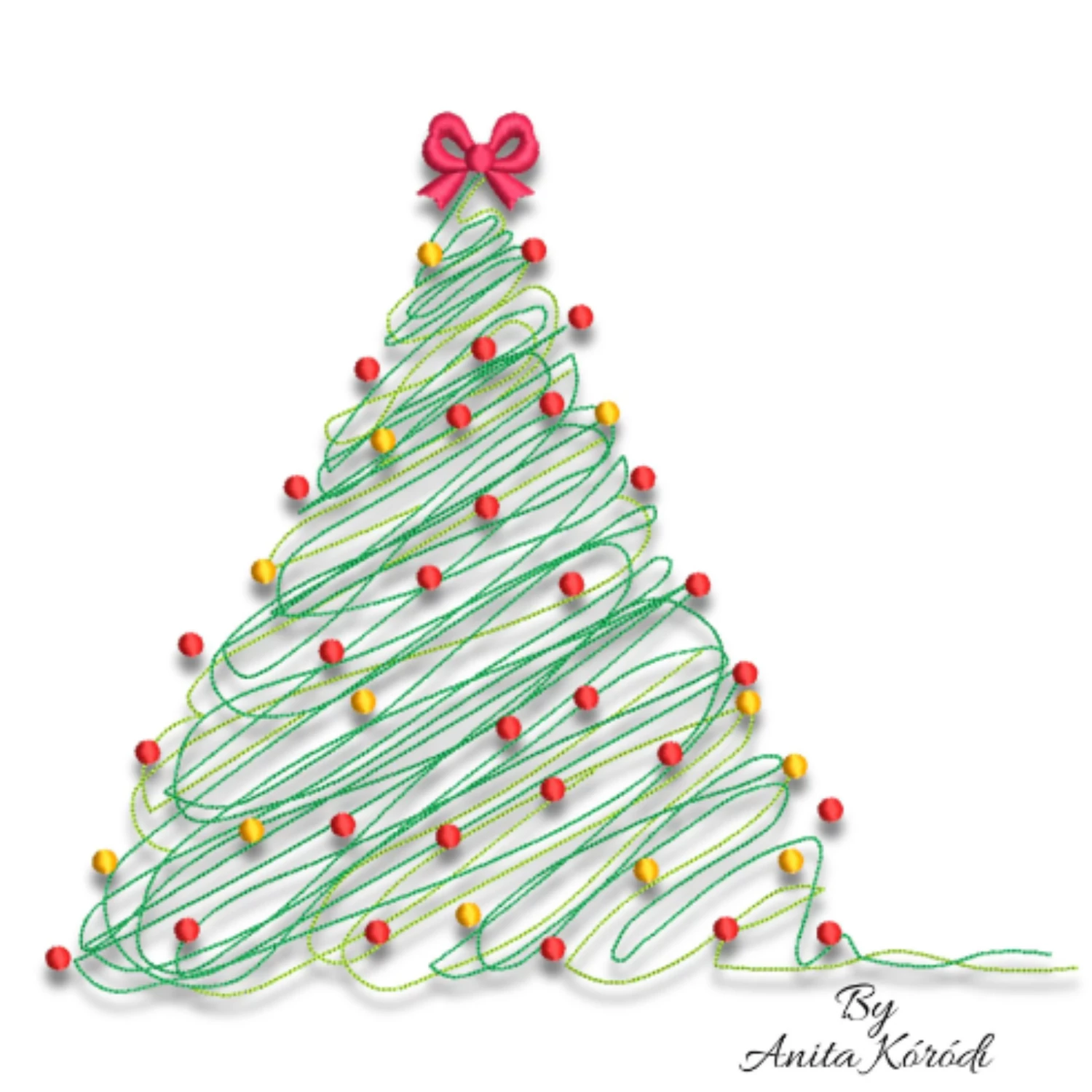Modern Christmas tree embroidery with green lines and red bow
