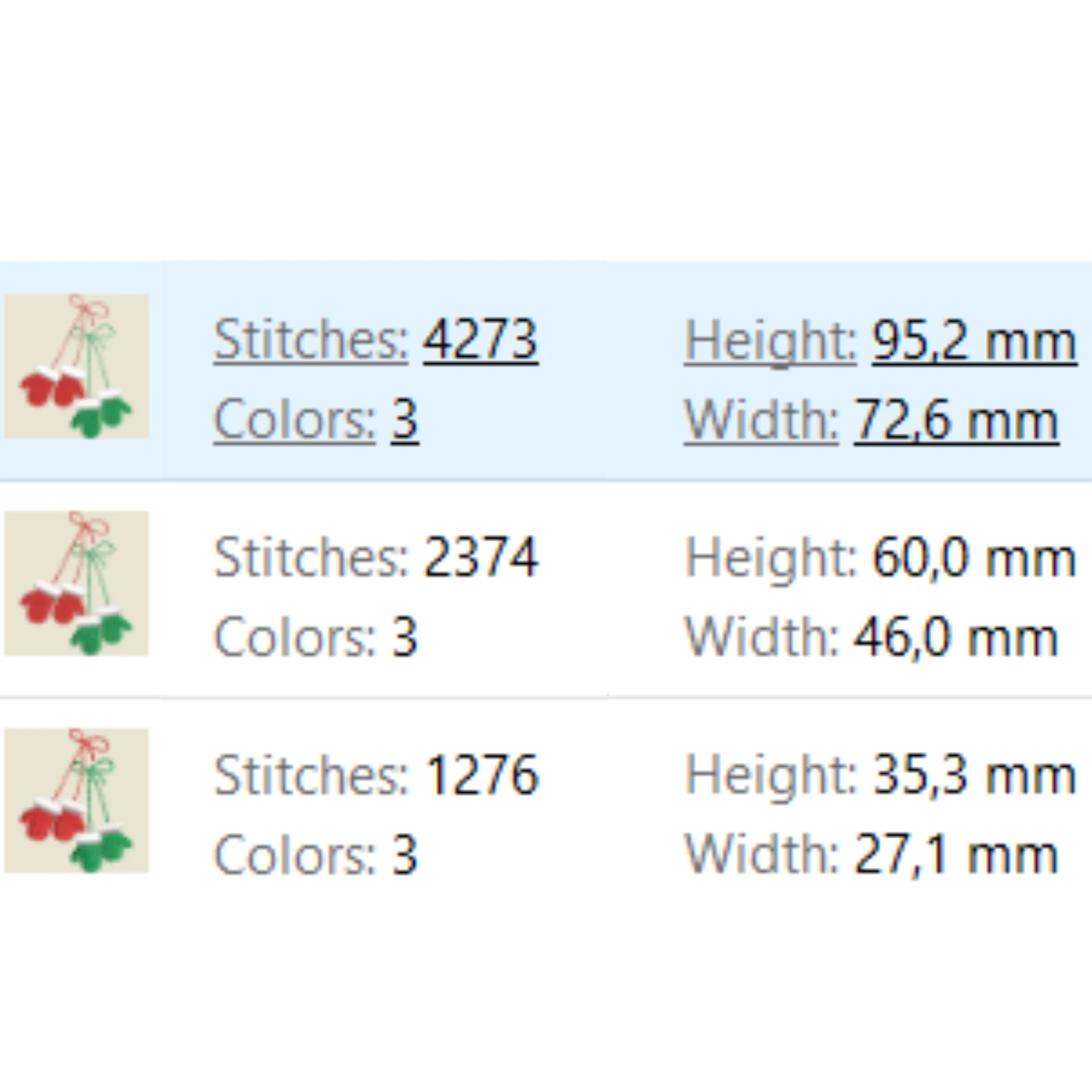 Red and green hanging mittens embroidery pattern
