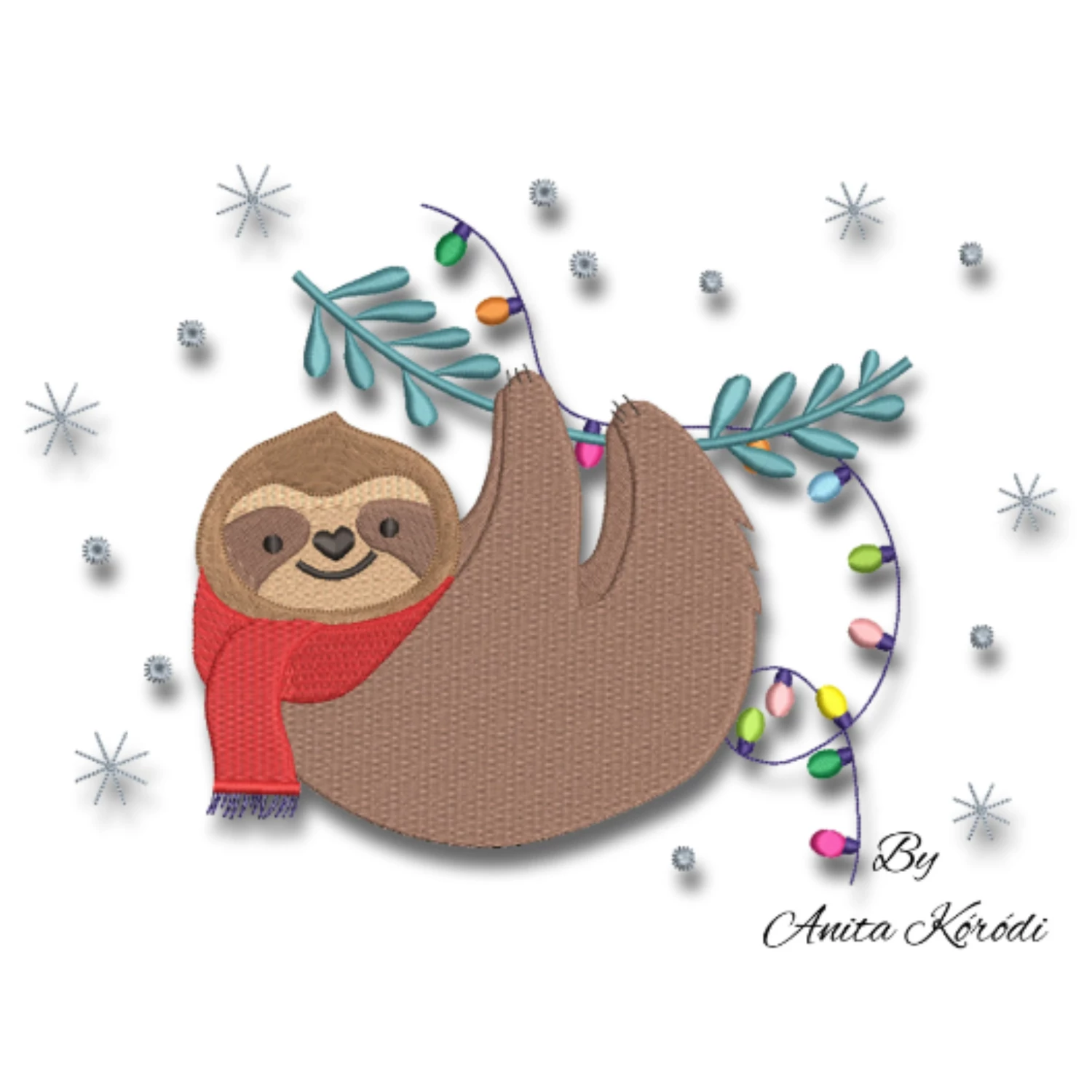 Christmas sloth machine embroidery design with colorful lights