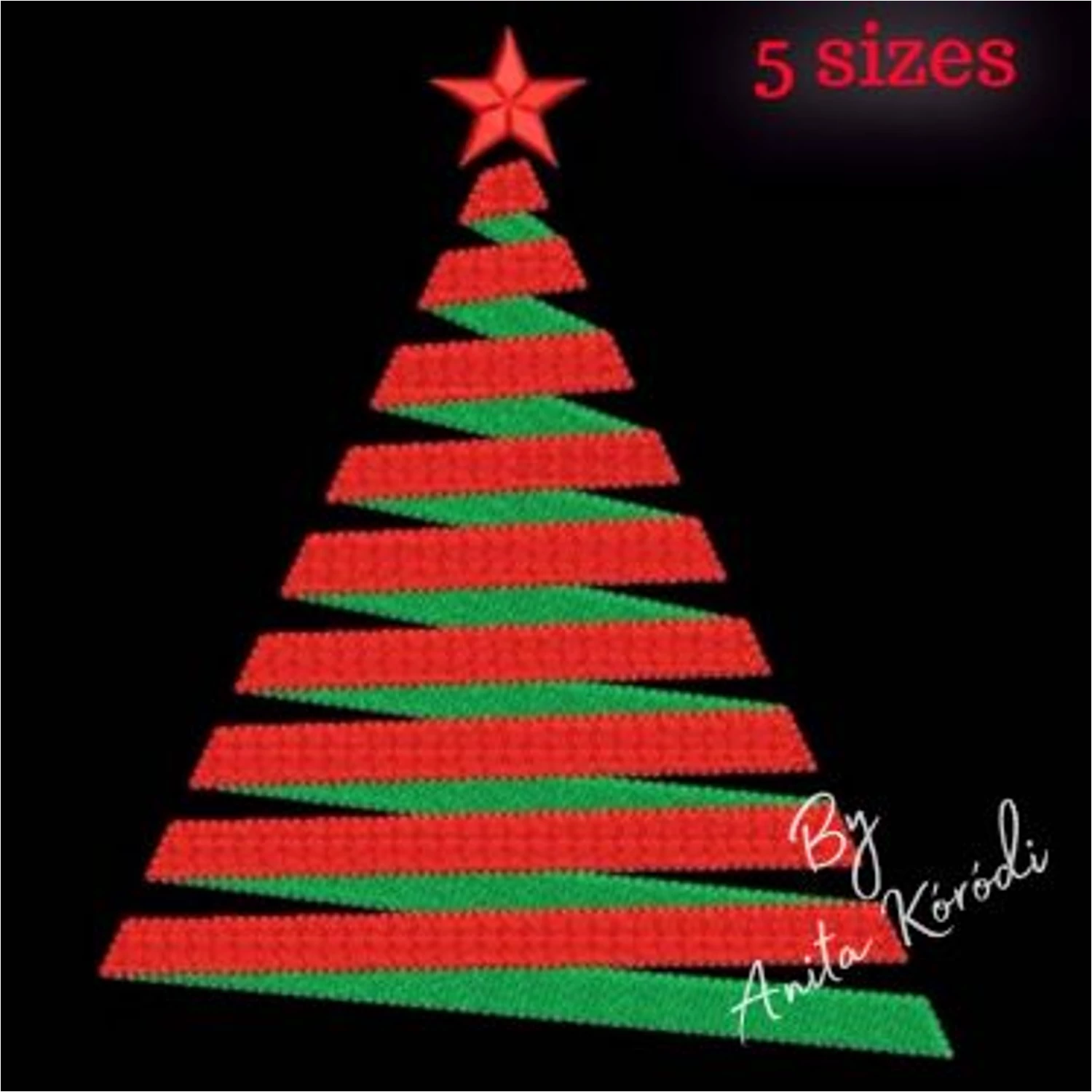 Modern red and green Christmas tree embroidery design with star