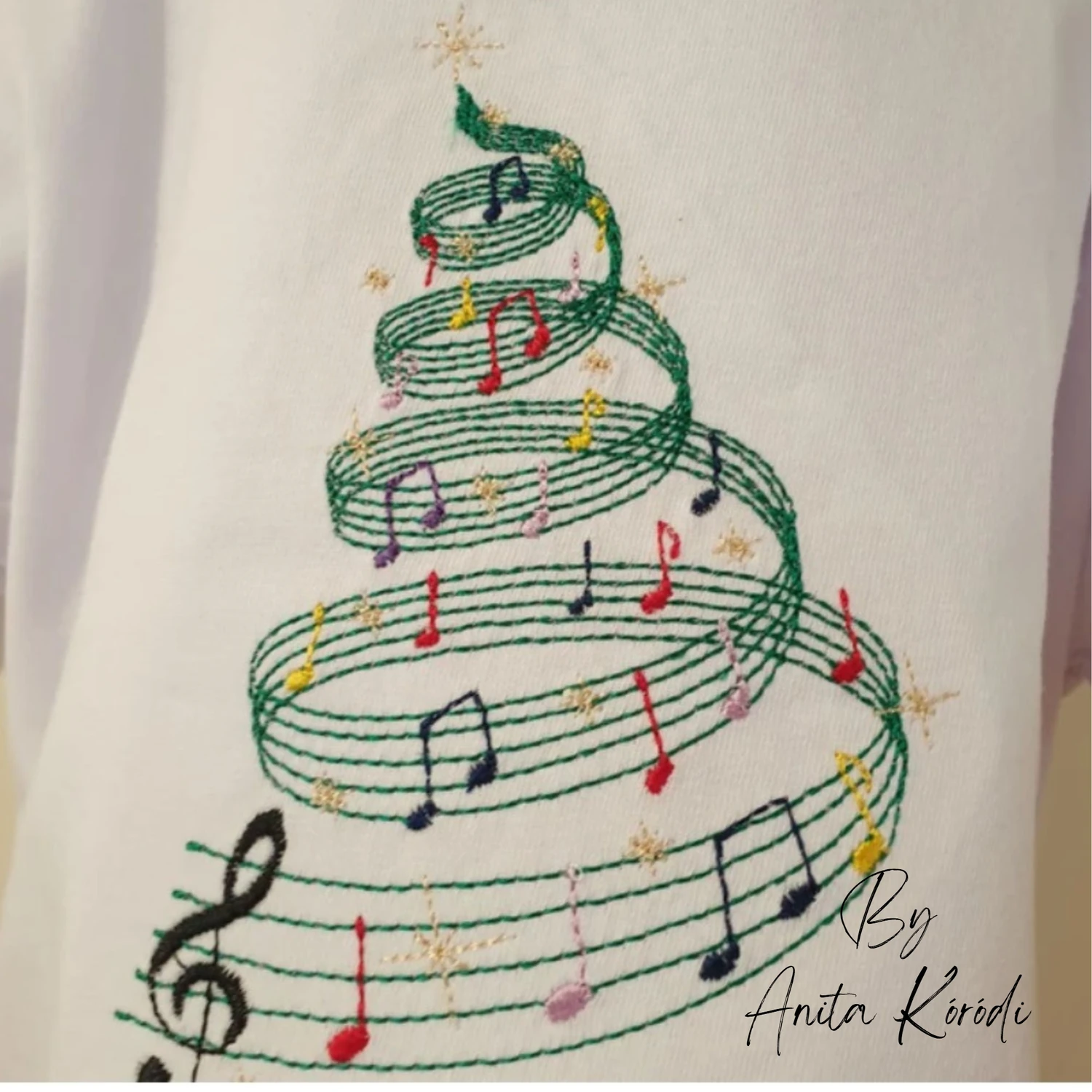 Christmas tree with music notes and treble clef embroidery design