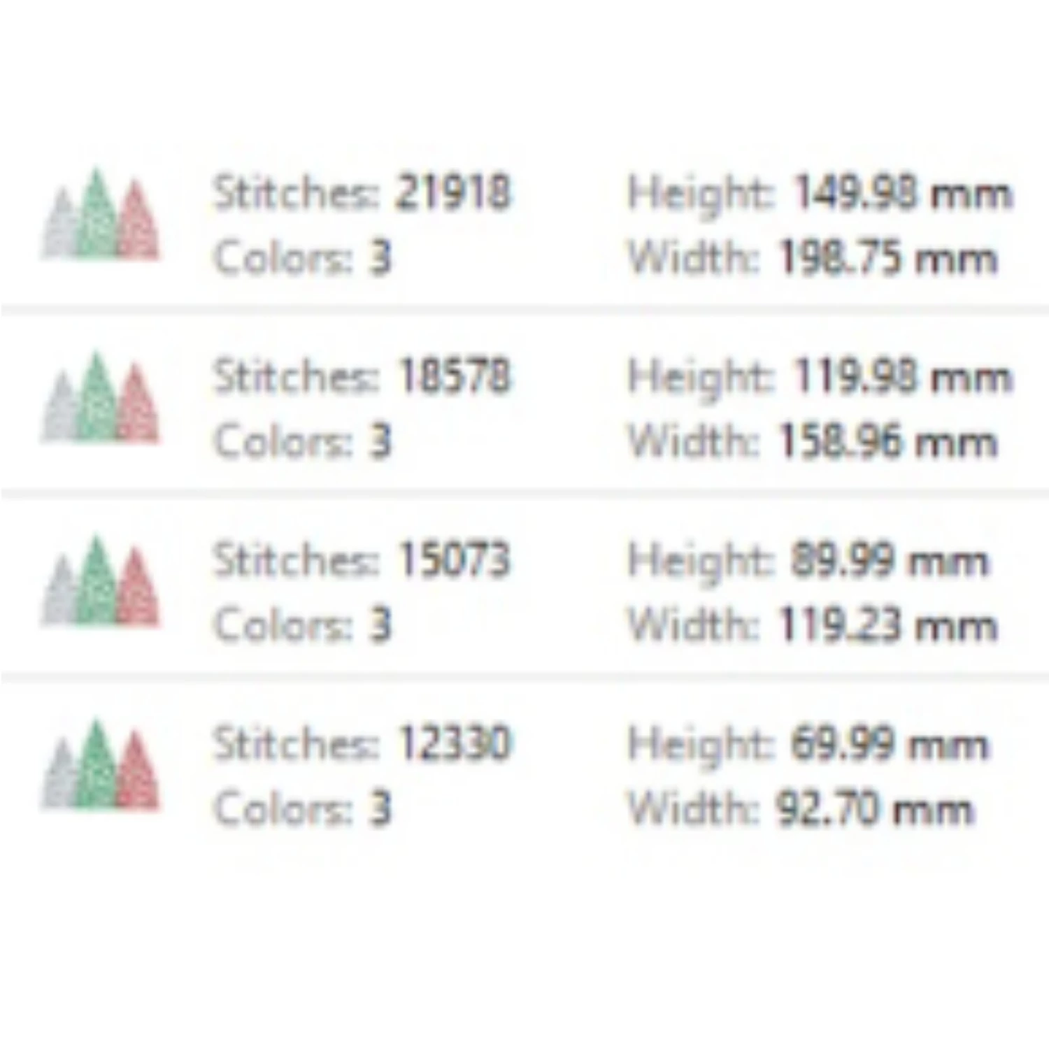 Christmas tree trio embroidery design sizes and stitch counts