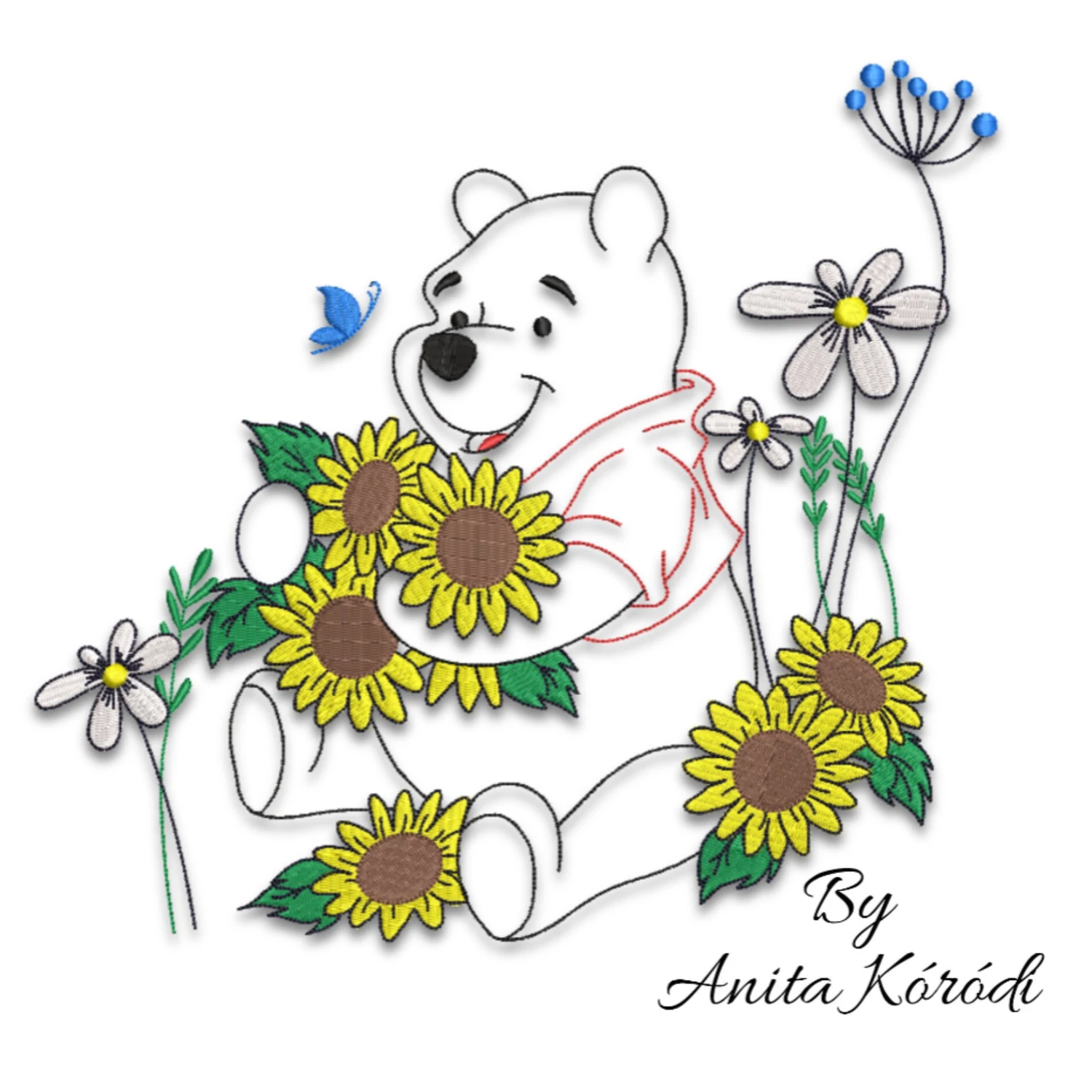 Cute bear with sunflower machine embroidery design
