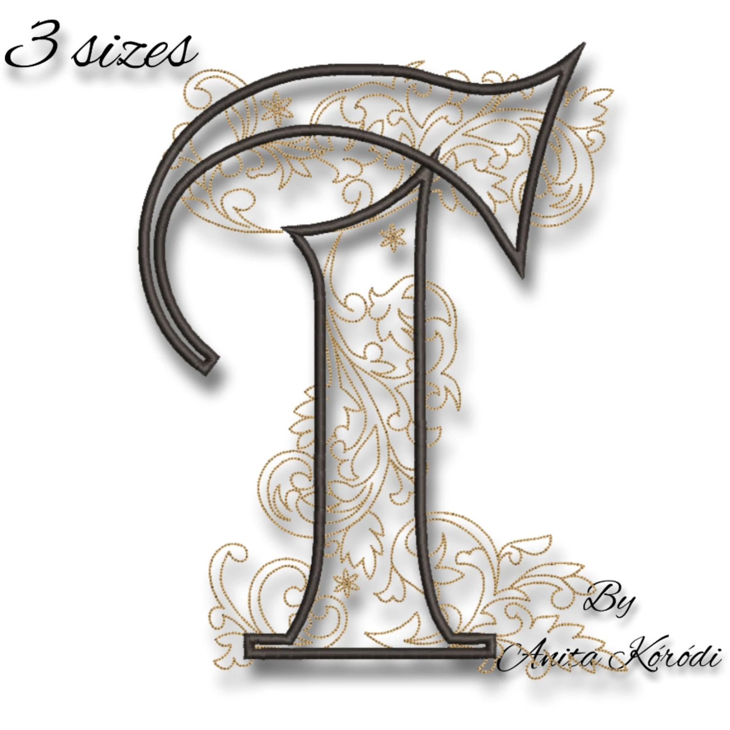 Decorative floral letter T machine embroidery design with ornamental accents