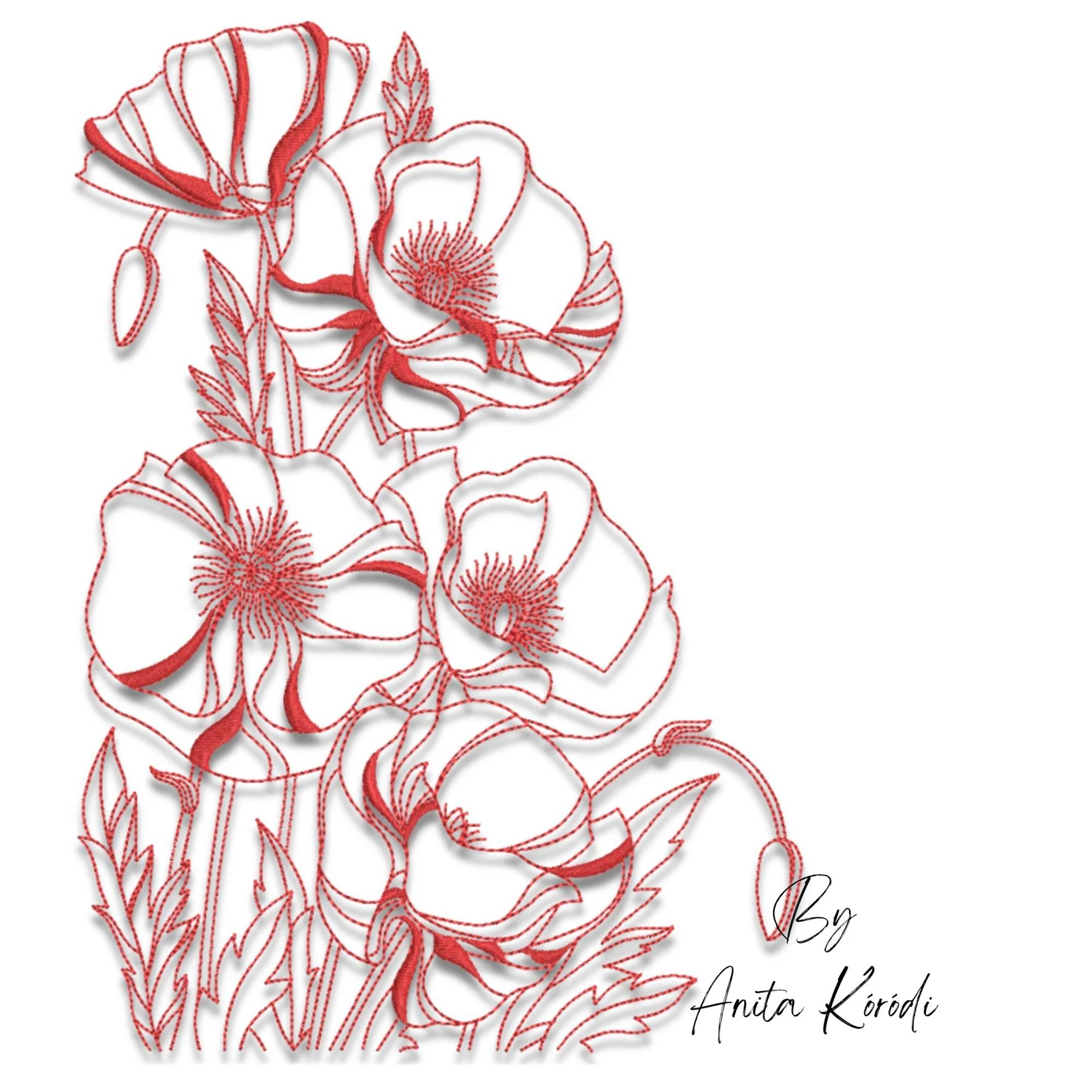 poppy flowers embroidery design minimalist line art