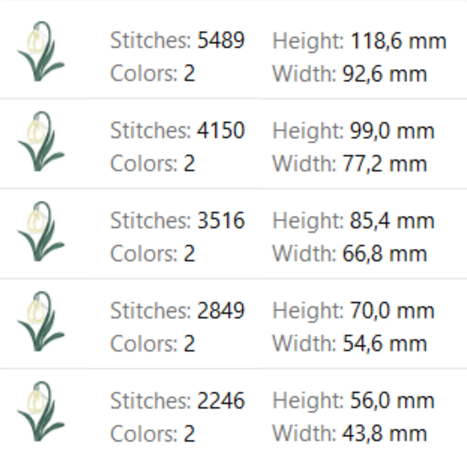 Two color snowdrop flower embroidery pattern available in five sizes for spring floral projects