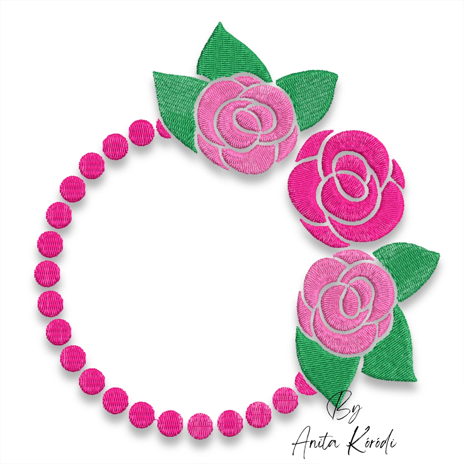 Floral monogram frame embroidery design featuring pink roses and decorative bead wreath for personalized embroidery projects