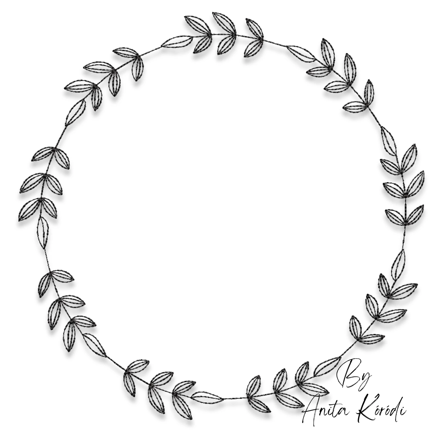 Vintage floral wreath embroidery design with leaf outline frame