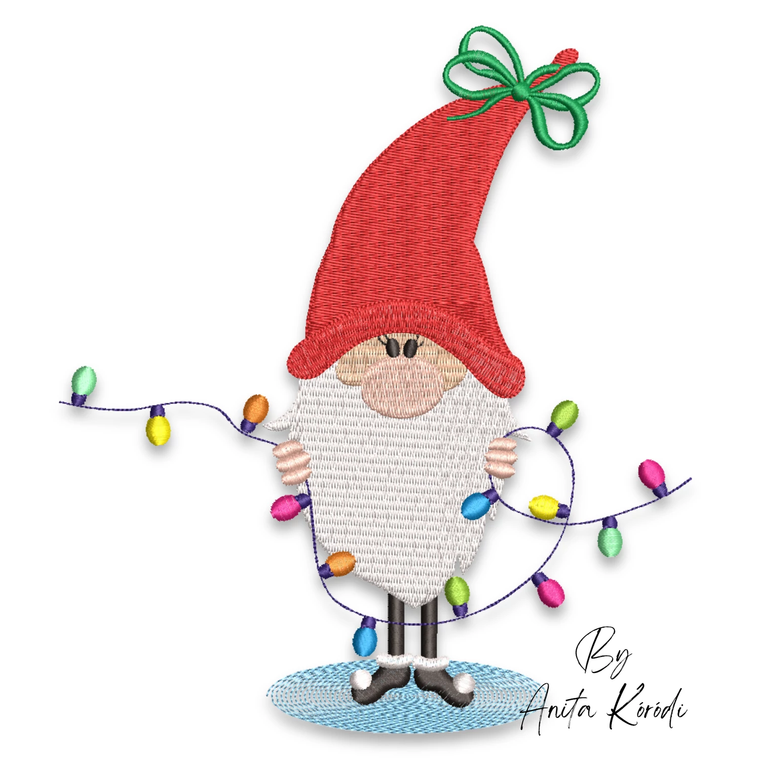 Christmas gnome holding colorful Christmas lights embroidery design