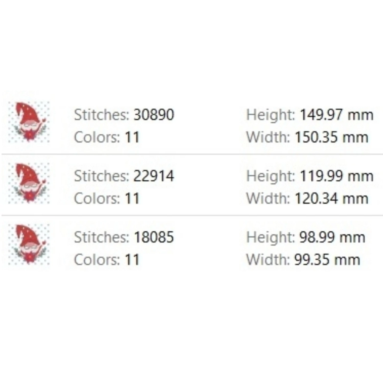 Christmas gnome embroidery design sizes and stitch counts