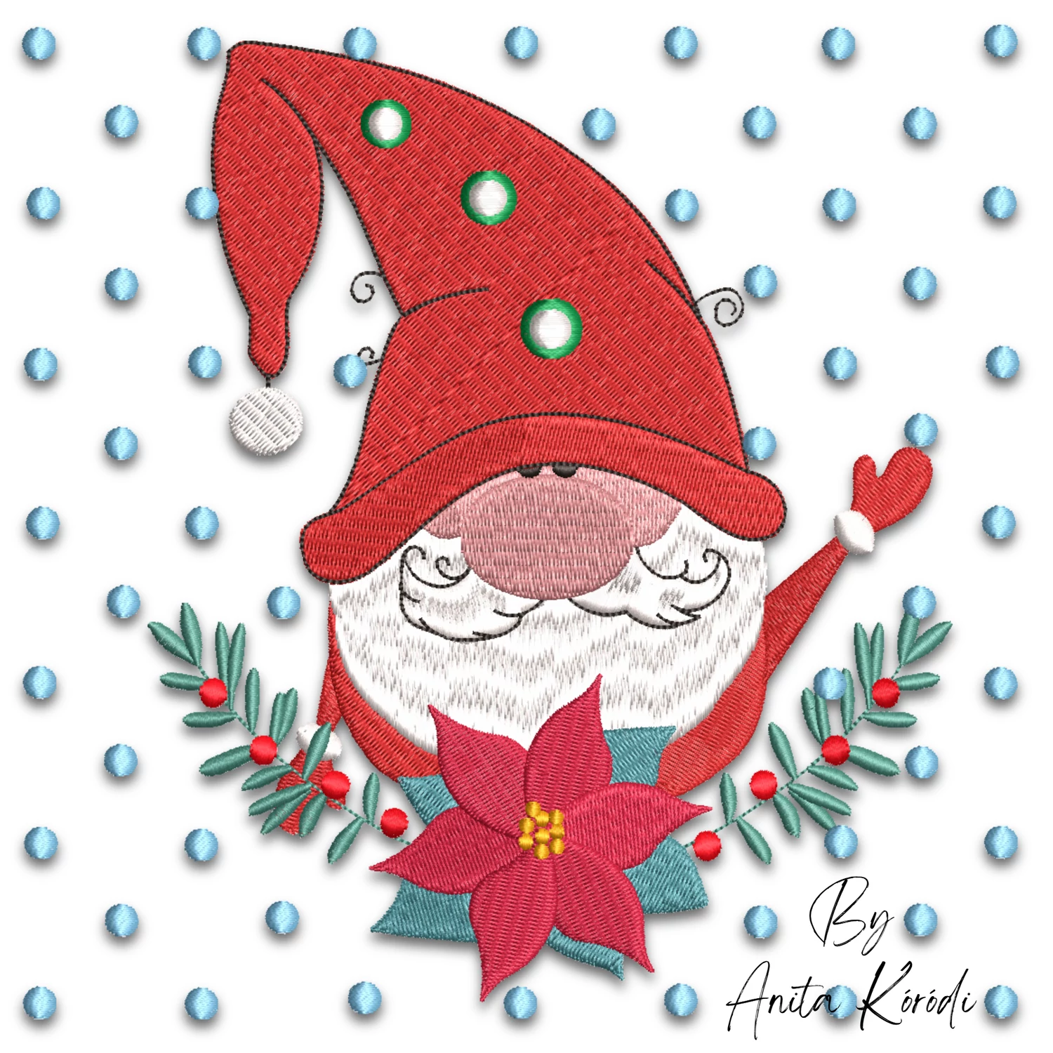Christmas gnome with poinsettia machine embroidery design