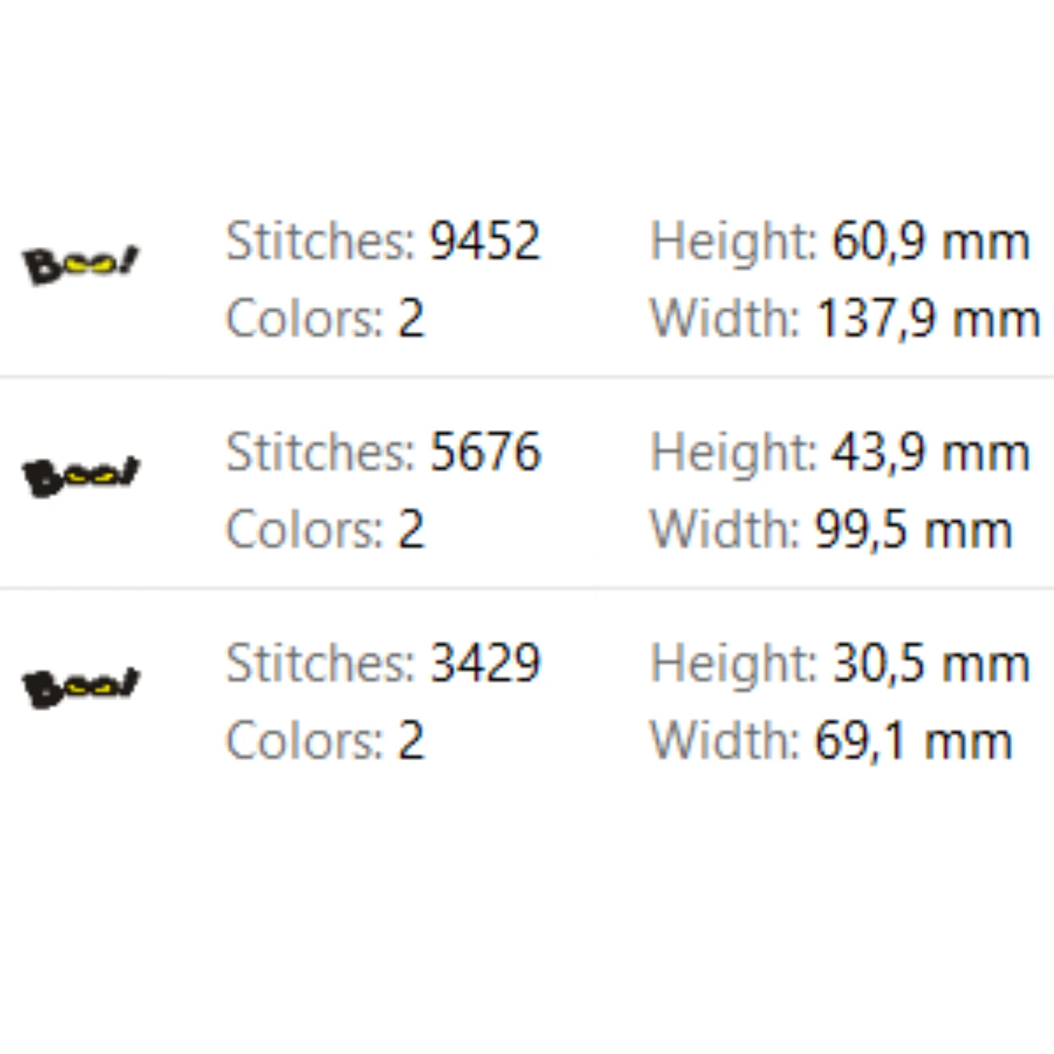 Black Boo embroidery design with yellow Halloween eyes