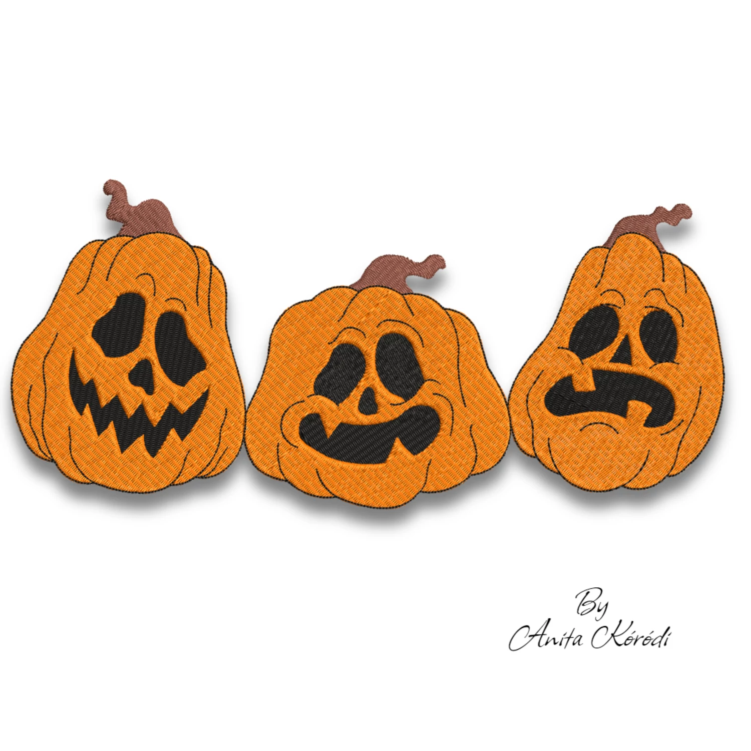 Funny Halloween pumpkins embroidery design with three jack-o'-lanterns