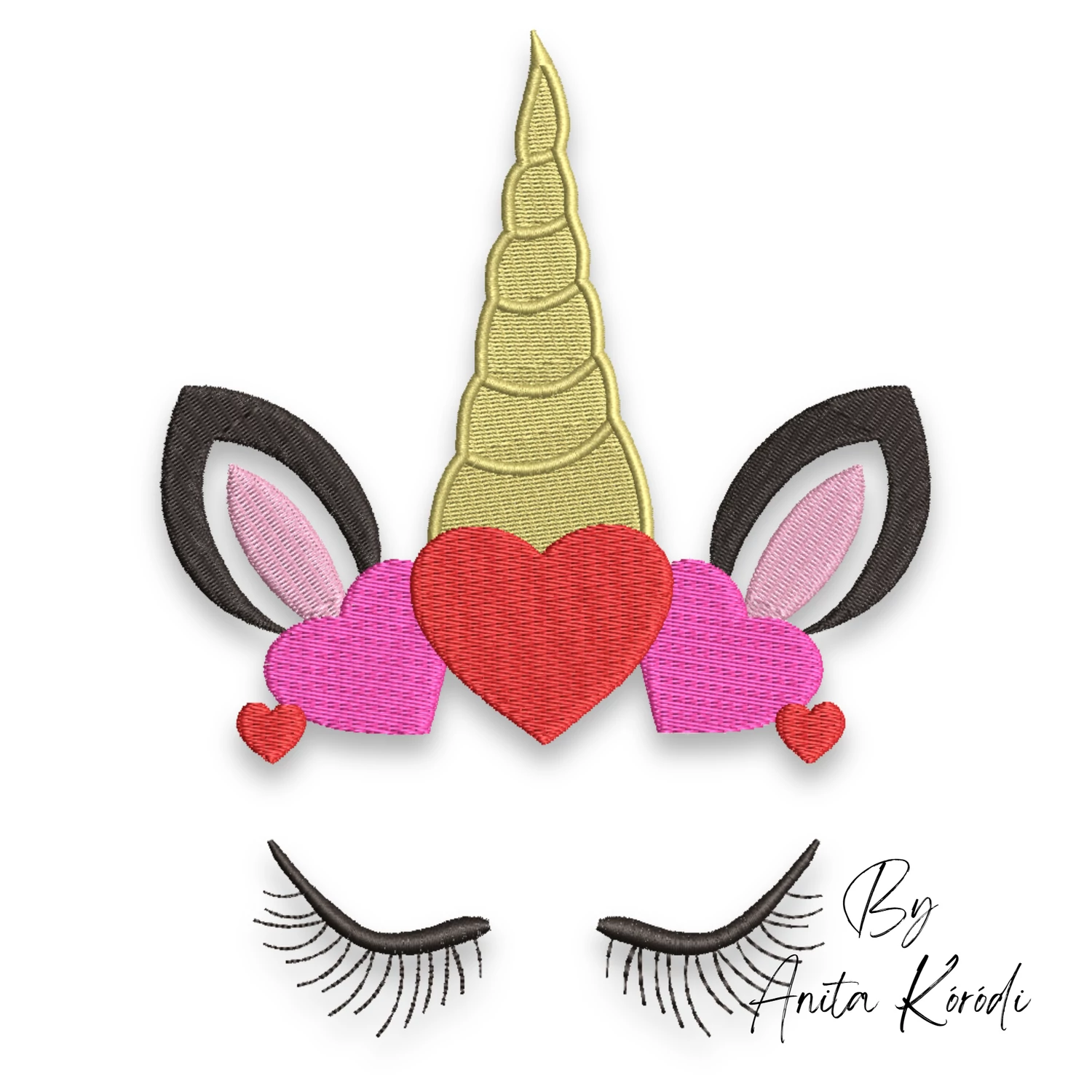 Cute unicorn face embroidery design with hearts and eyelashes
