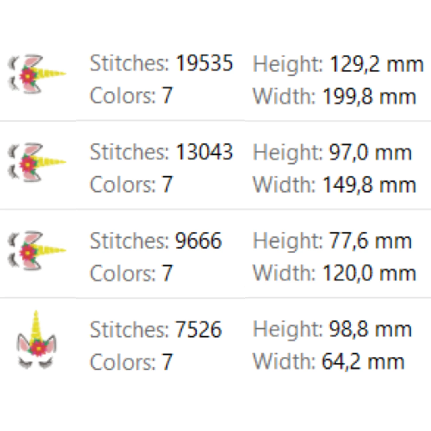 Christmas unicorn machine embroidery design sizes