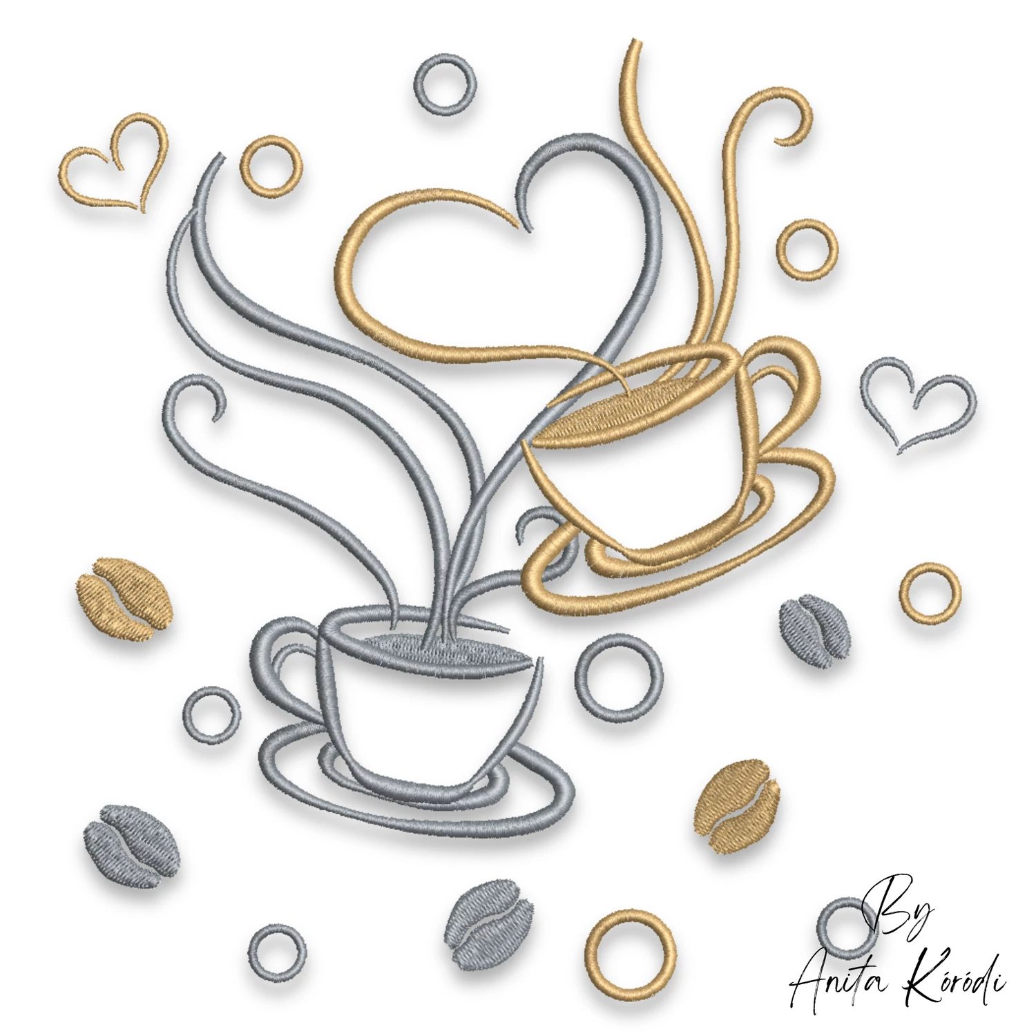Coffee love machine embroidery design with two coffee cups