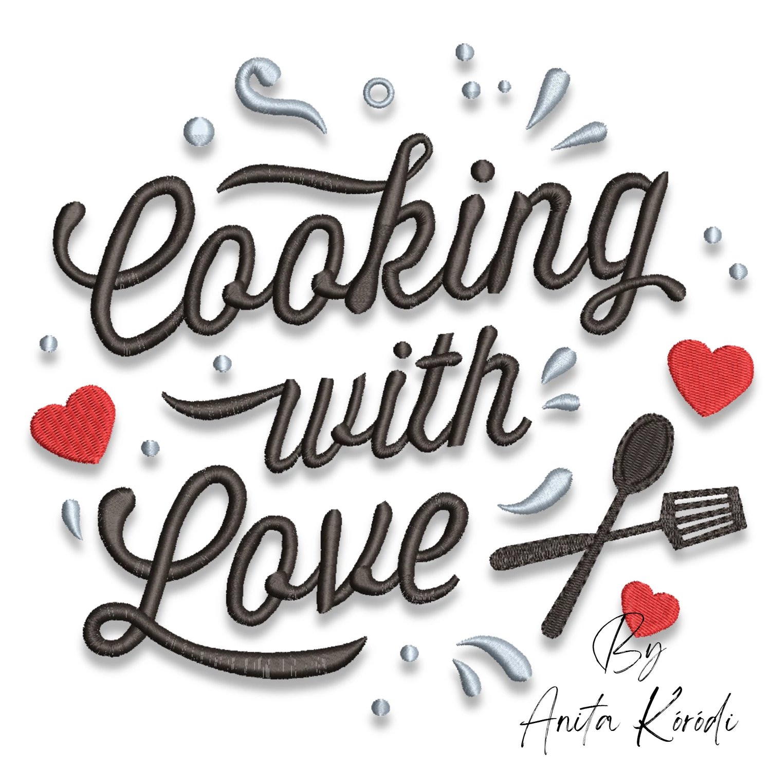 Cooking with Love embroidery design with hearts and kitchen utensils