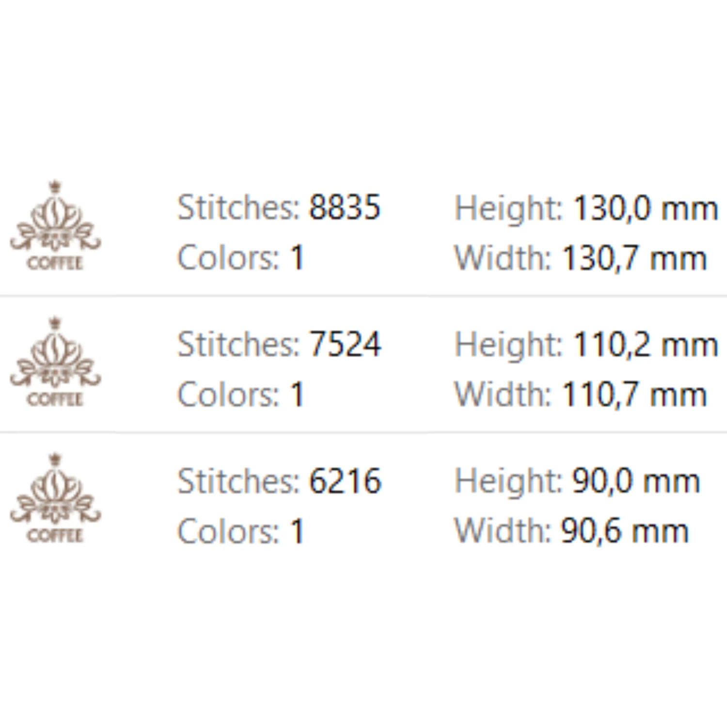 Elegant coffee embroidery pattern with floral accents and crown
