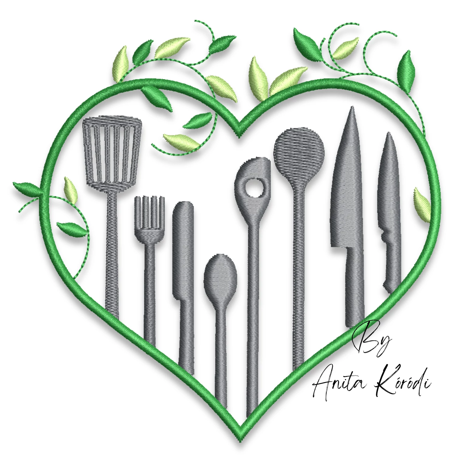 kitchen heart embroidery design with utensils