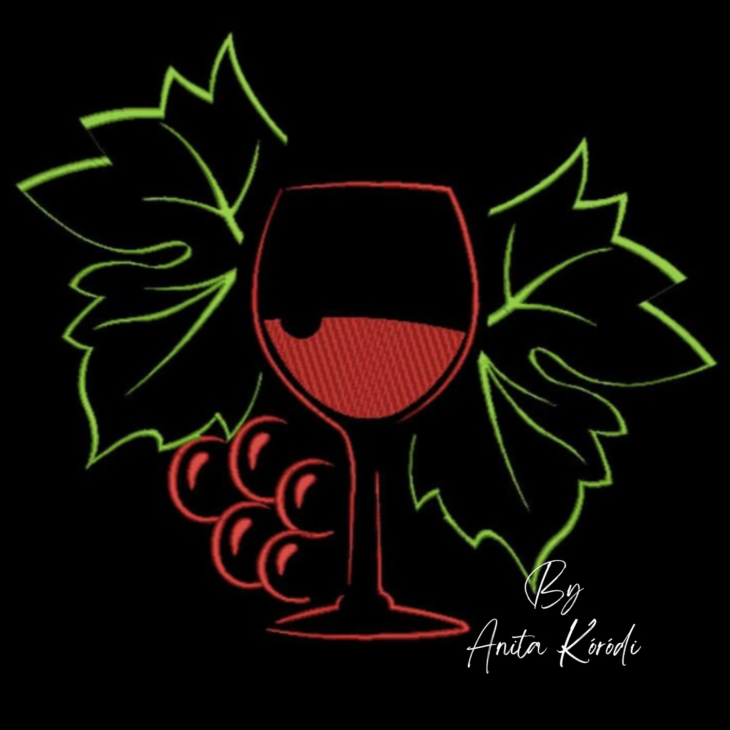Wine glass and grapes embroidery design with vineyard leaves