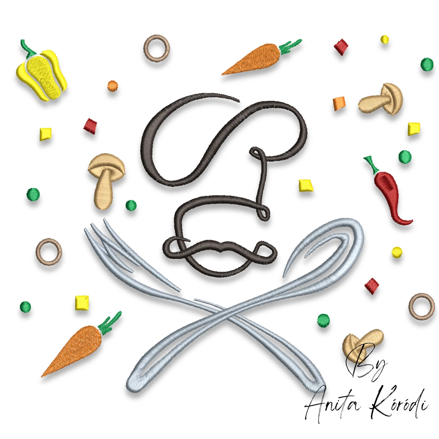 Chef monogram embroidery design with whisk and fork