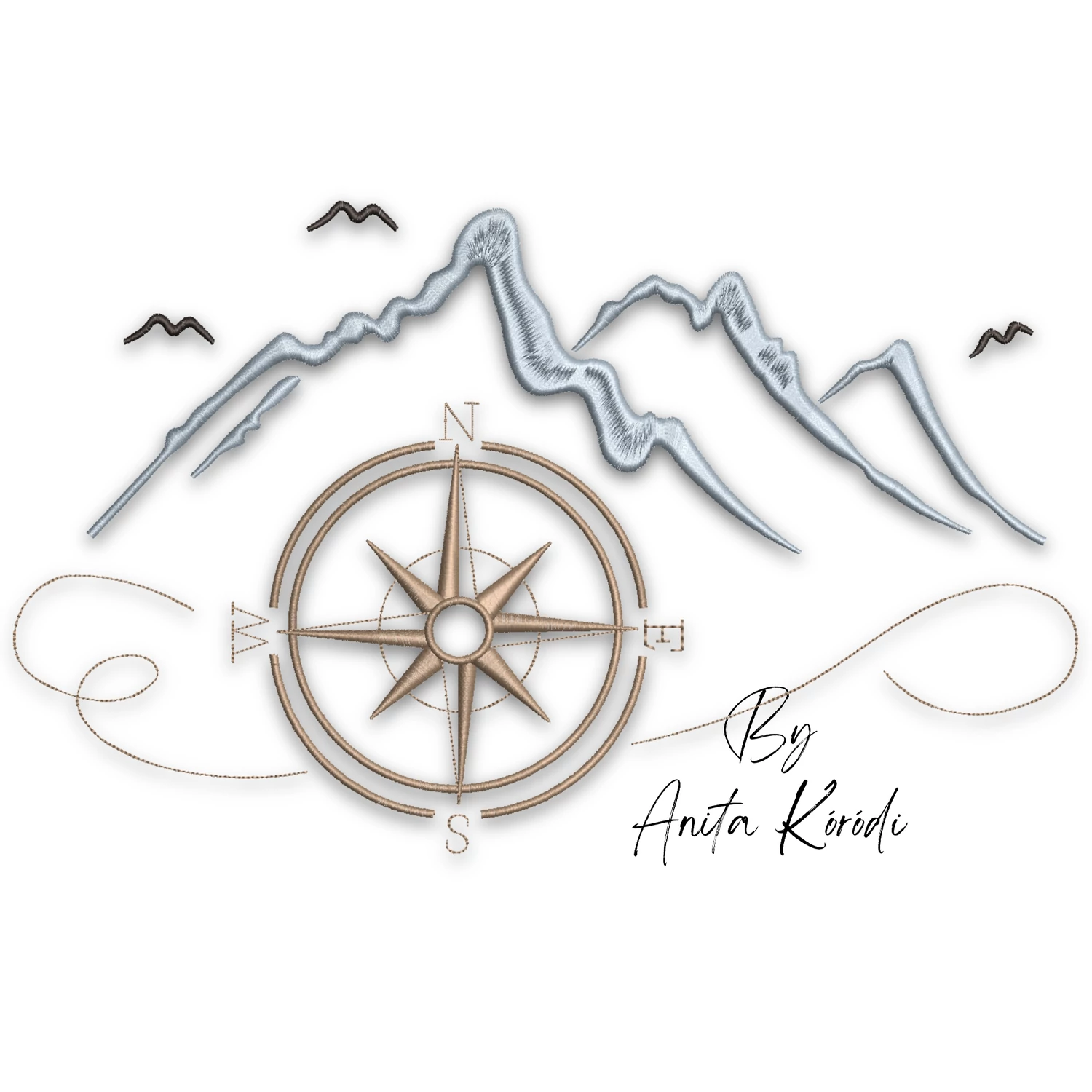 Mountain compass embroidery design with mountain peaks