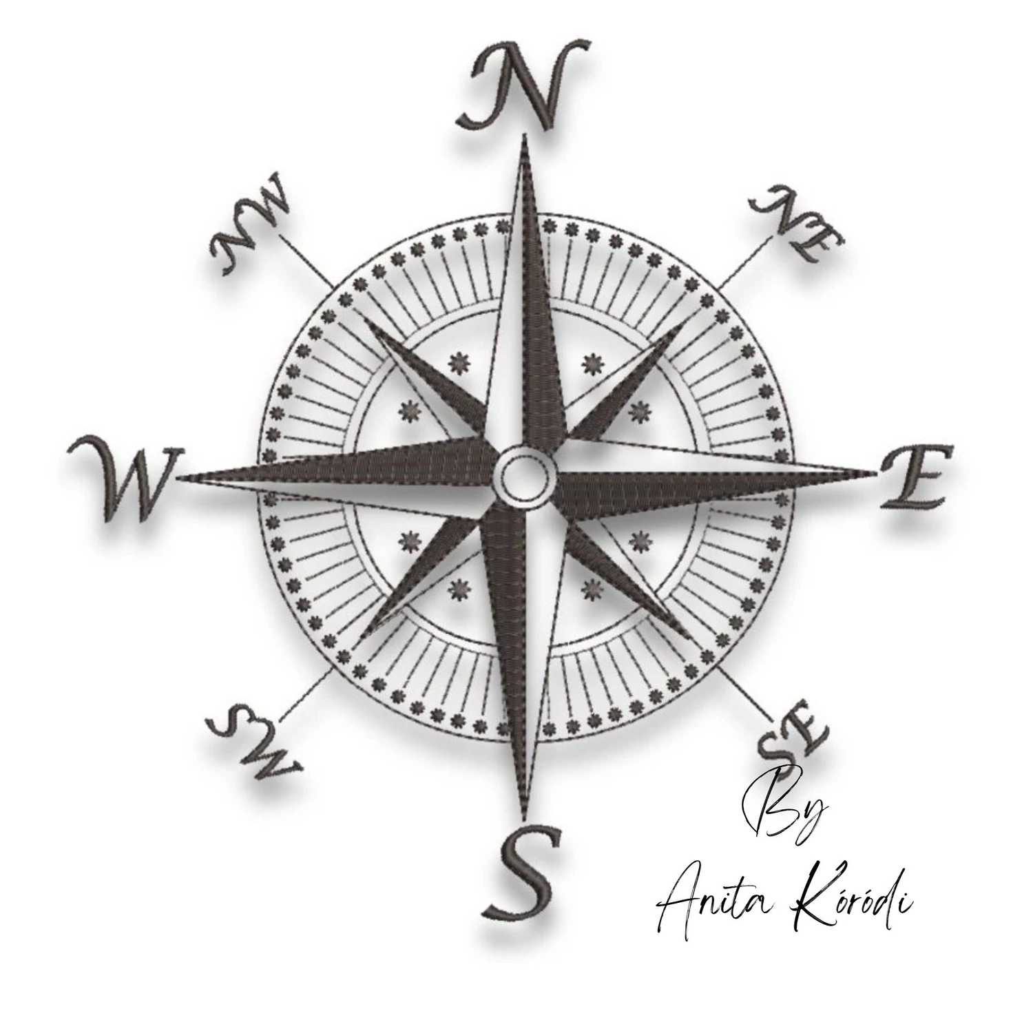 Compass rose embroidery machine design nautical travel motif