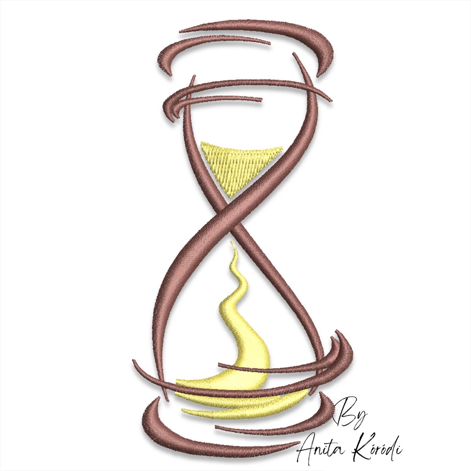 Hourglass embroidery design with flowing sand and decorative artistic lines for machine embroidery projects