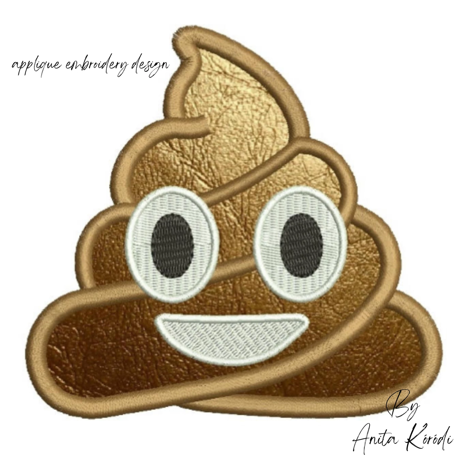 Funny poop emoji applique embroidery design machine embroidery file with smiling cartoon character.