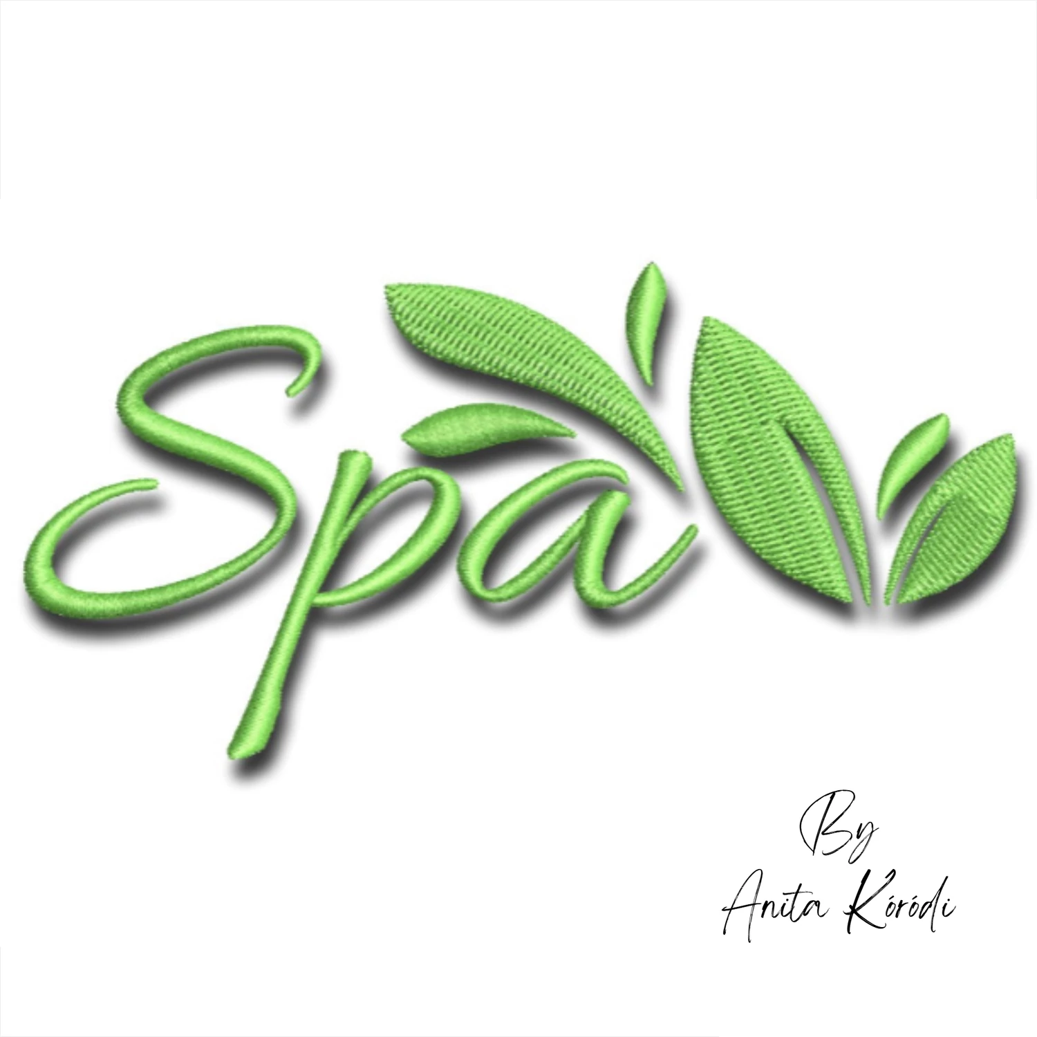 Spa embroidery design featuring elegant script lettering with decorative botanical leaves