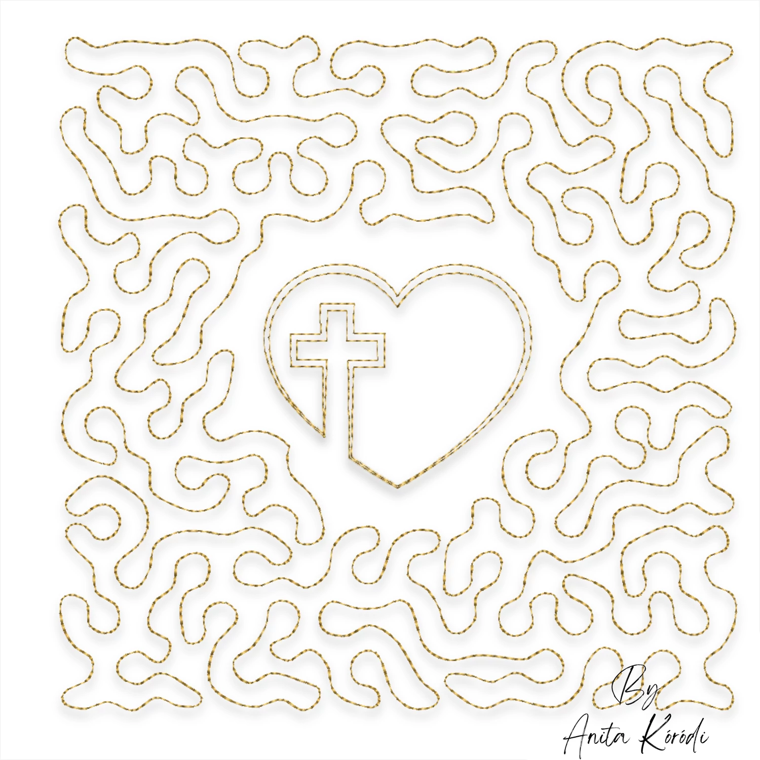Christian cross and heart quilting design with continuous line quilting pattern for machine embroidery and quilting