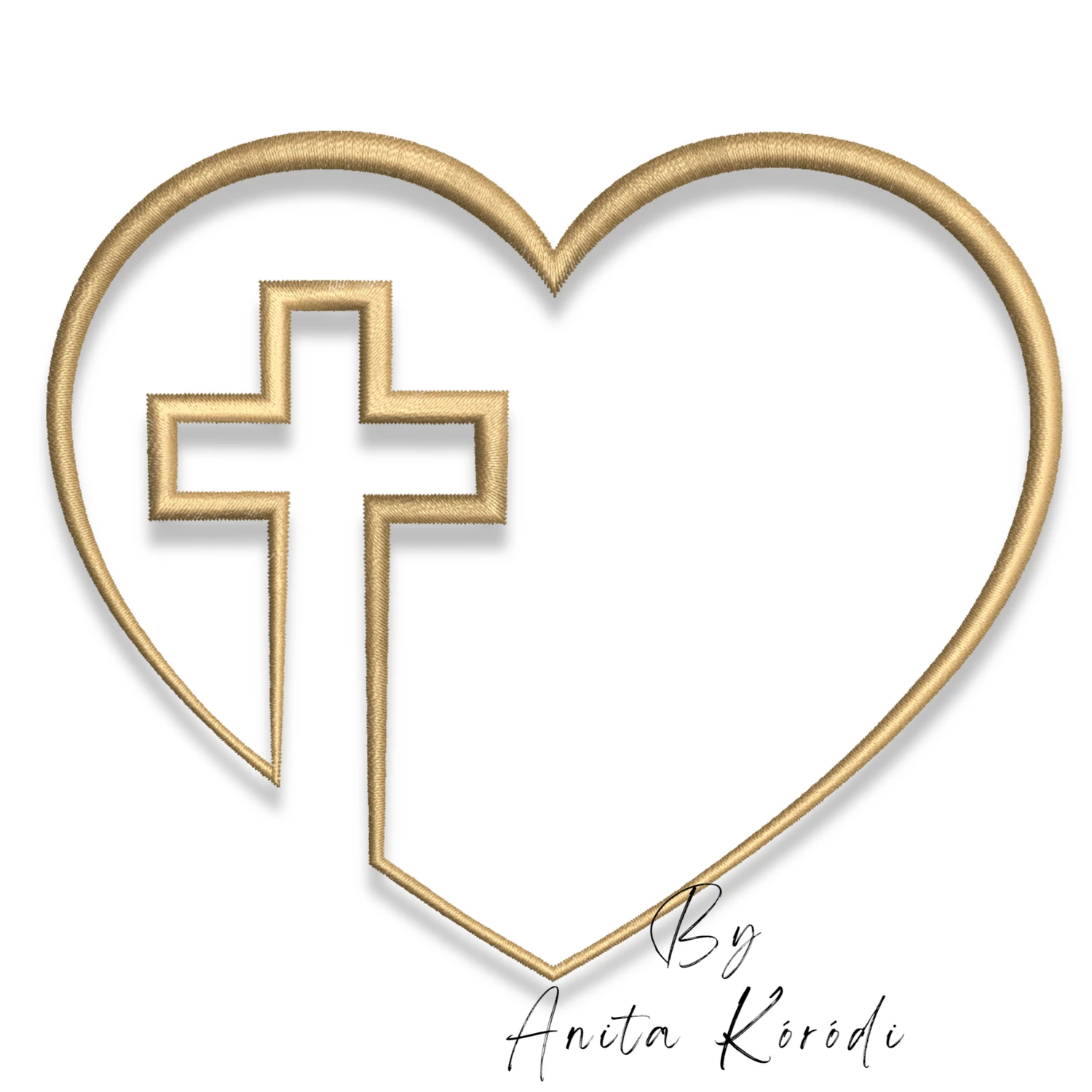 Cross heart machine embroidery design featuring a gold Christian cross integrated into an elegant heart outline