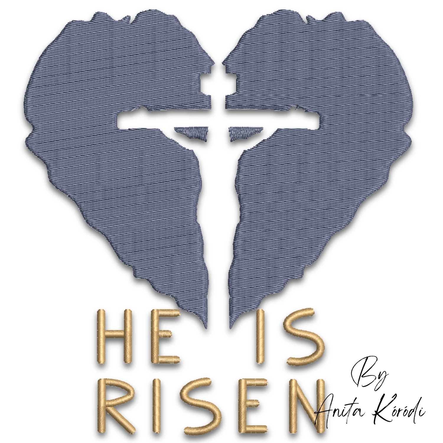 He Is Risen Christian embroidery design with heart-shaped cross