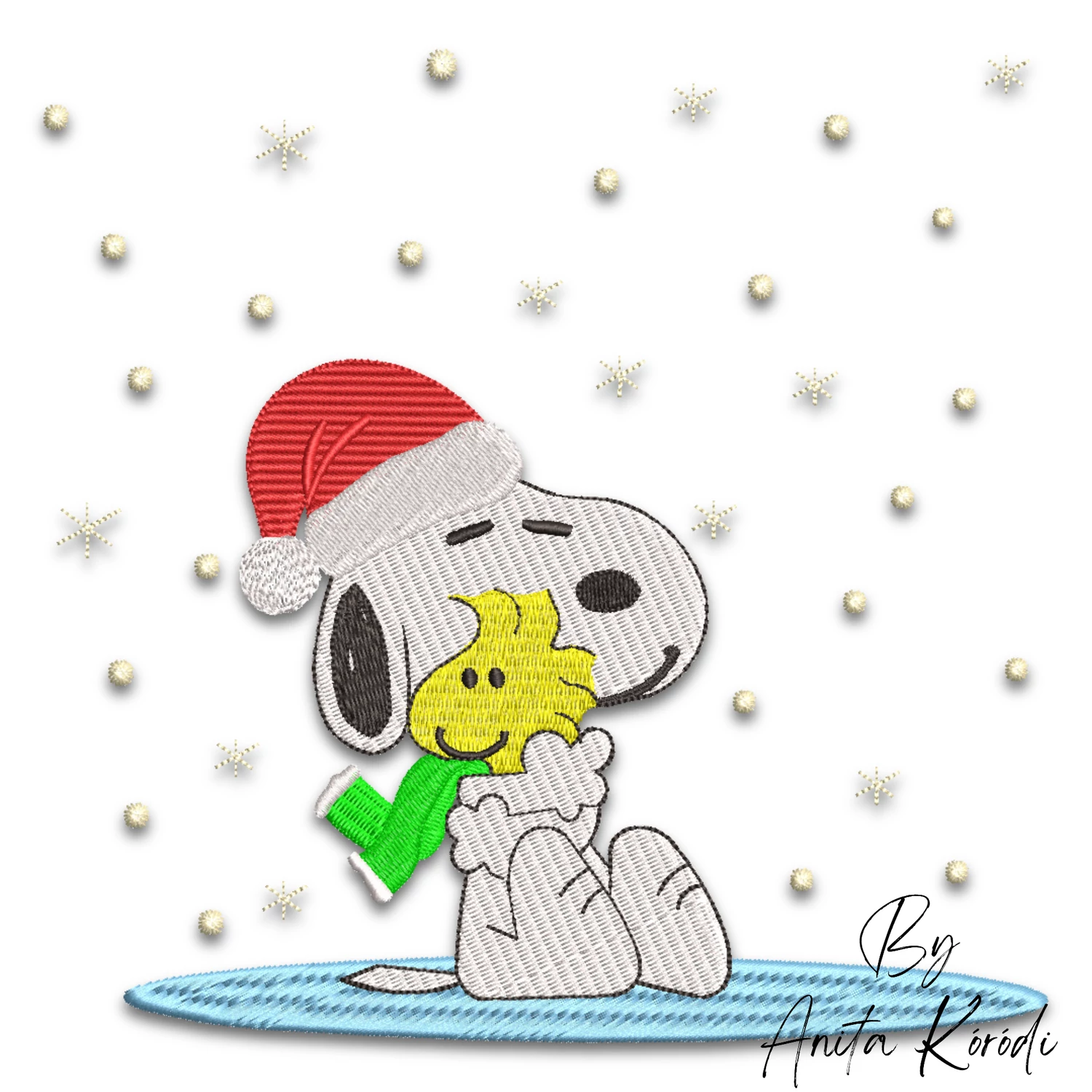 Christmas dog embroidery design with winter bird