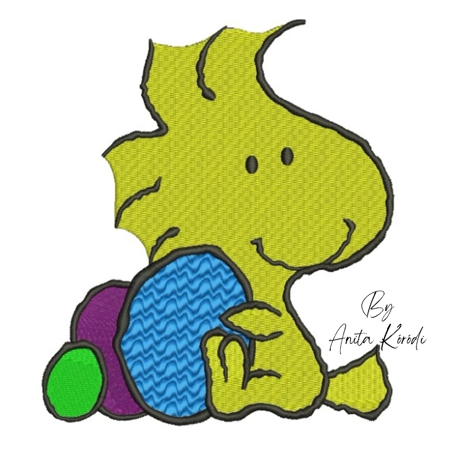 Woodstock Easter eggs machine embroidery design featuring a yellow bird sitting beside colorful blue purple and green Easter eggs