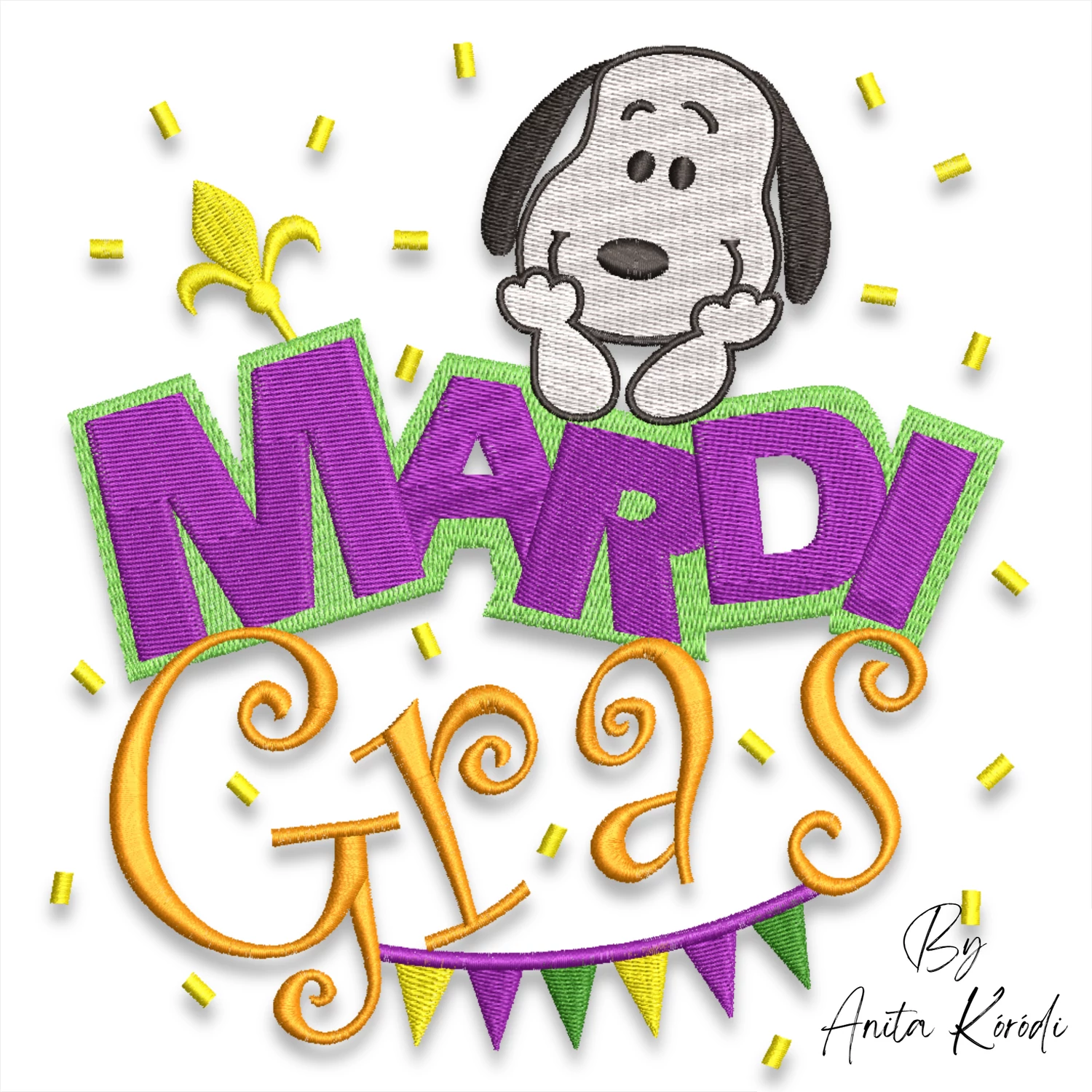 Mardi Gras Snoopy embroidery design with colorful carnival lettering, confetti and fleur-de-lis symbol