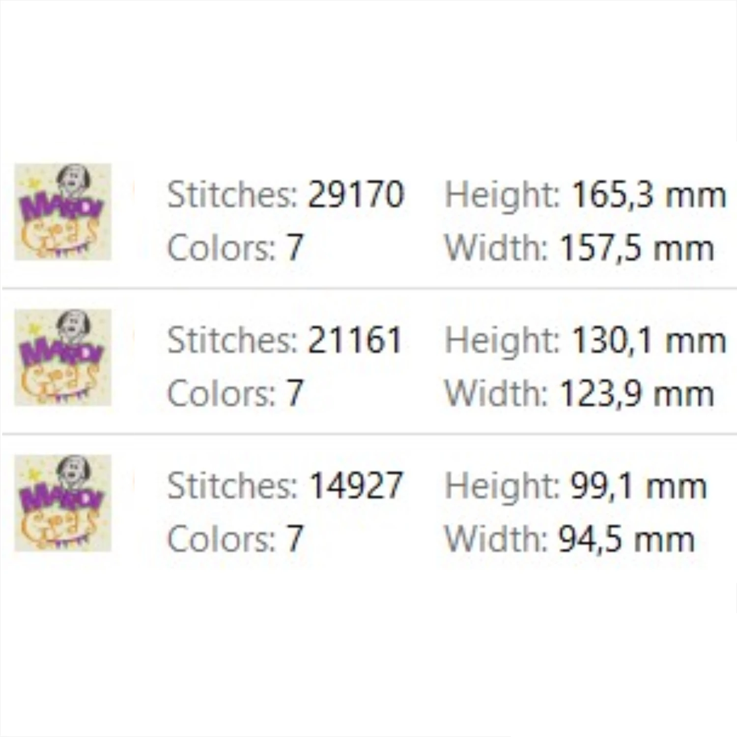 Festive carnival machine embroidery pattern featuring Snoopy in traditional Mardi Gras colors for apparel and decorations