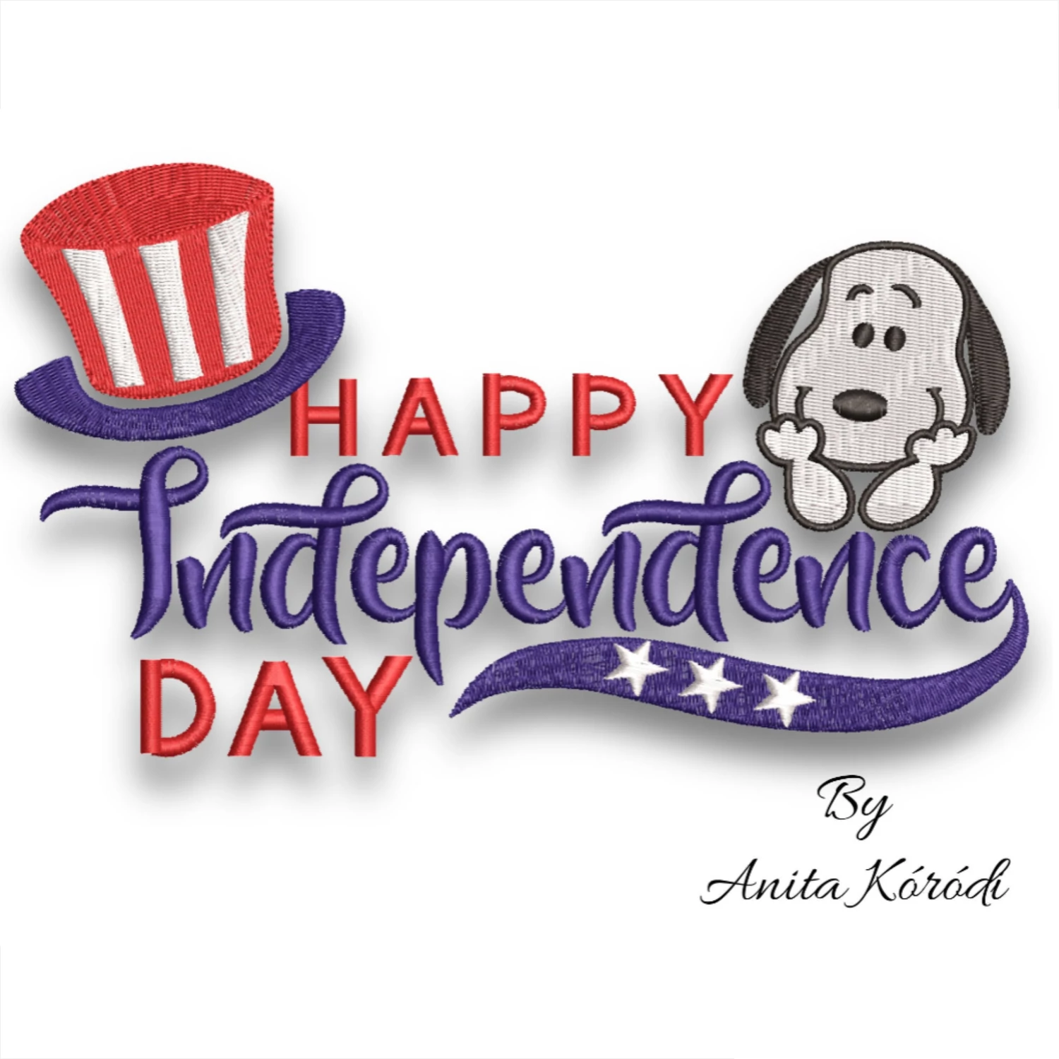 Happy Independence Day embroidery design with patriotic Uncle Sam hat and festive USA themed lettering.