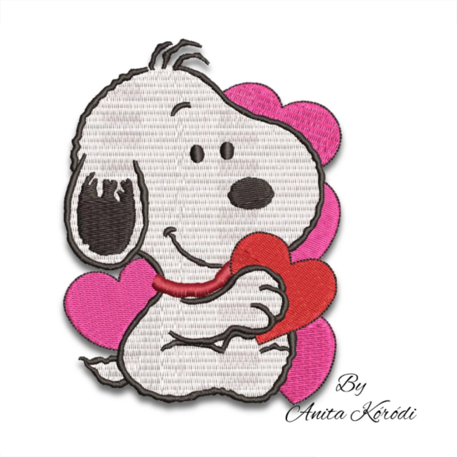 Snoopy embroidery design holding a red heart surrounded by pink hearts for Valentine's Day projects