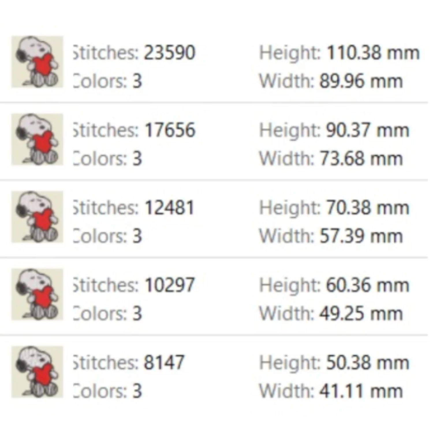 Cute Snoopy Valentine machine embroidery pattern with red heart, black outlines and white fill stitching