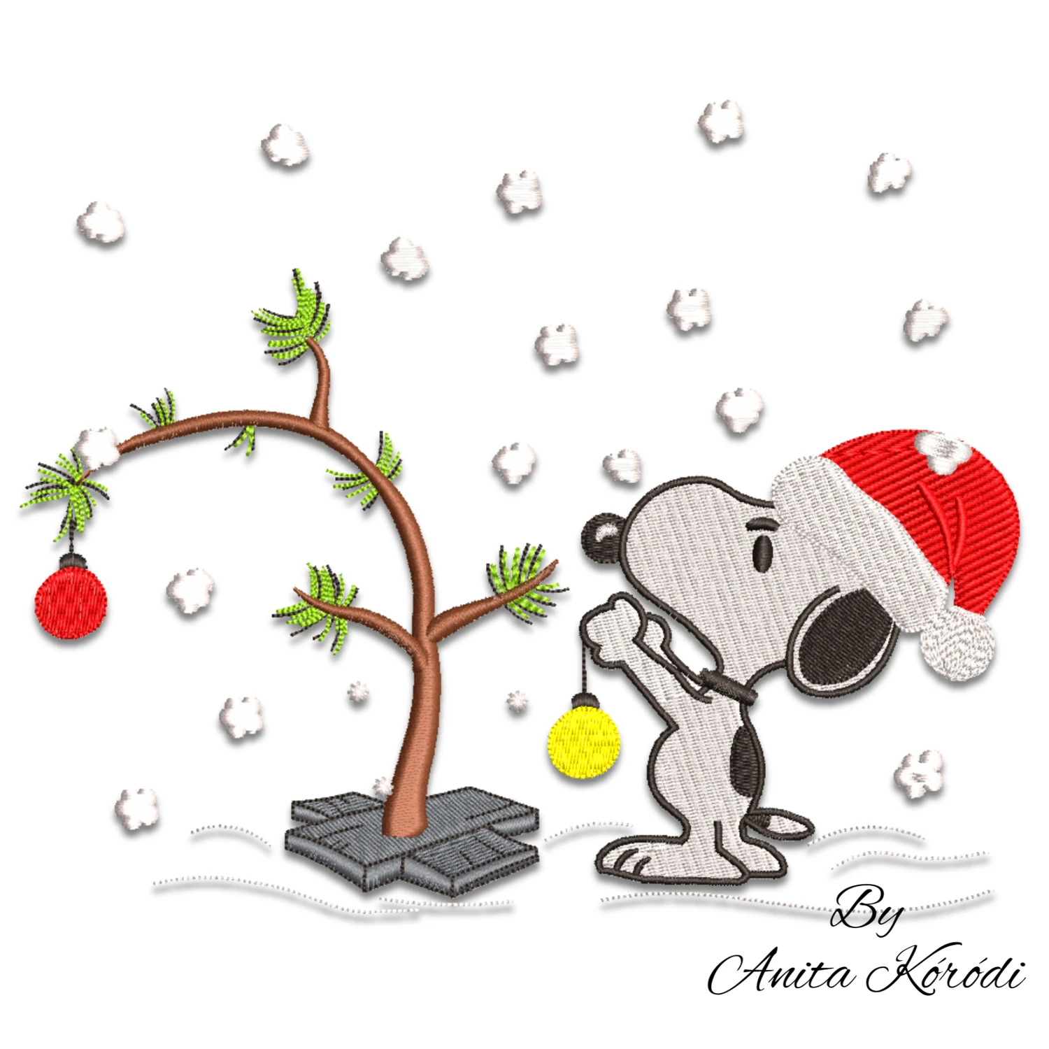 Christmas dog decorating tree in snow machine embroidery design