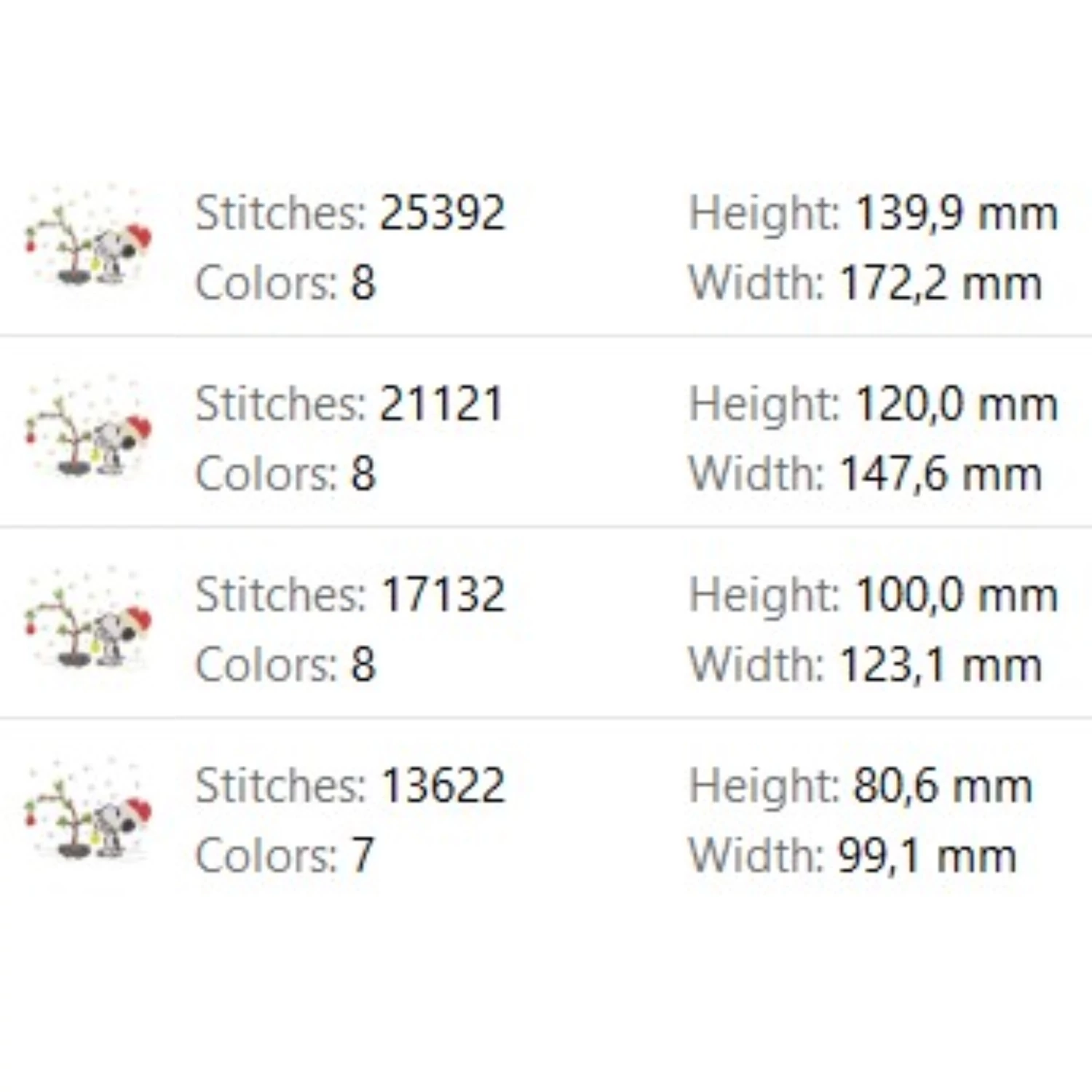Christmas dog decorating tree embroidery sizes and stitch counts