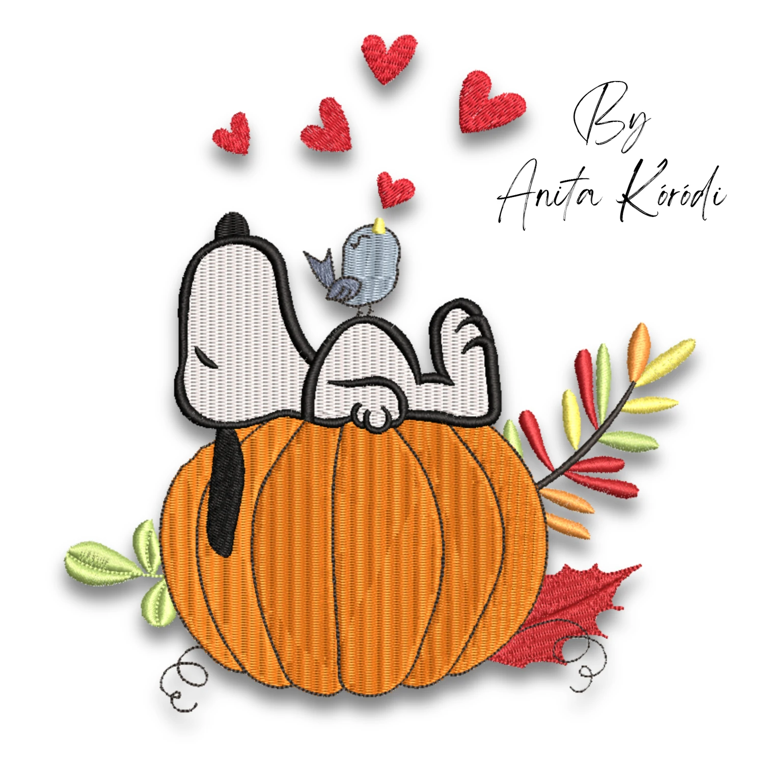 Snoopy pumpkin fall machine embroidery design with autumn leaves