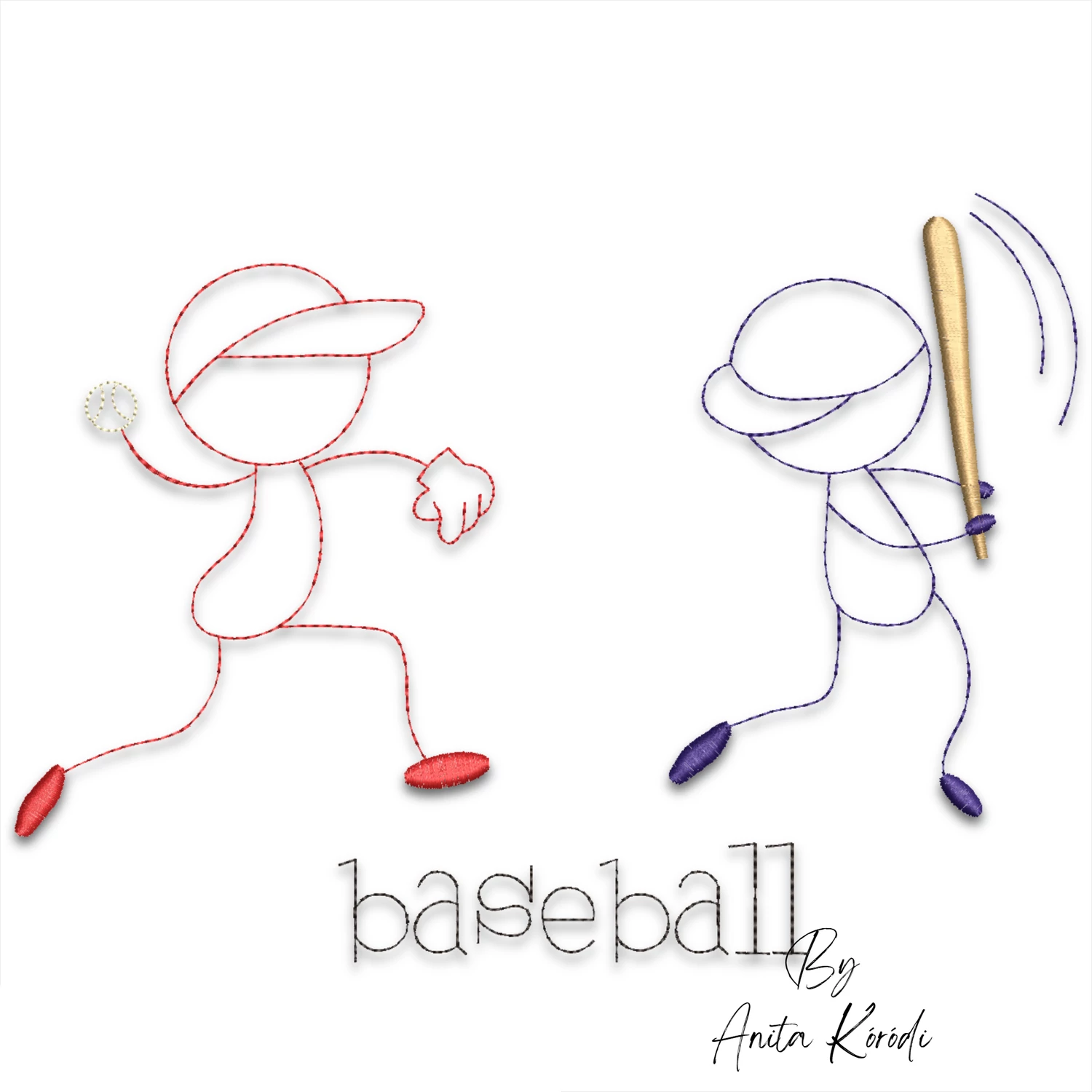 Cute baseball players machine embroidery design featuring two colorful stick figure athletes pitching and batting with baseball lettering