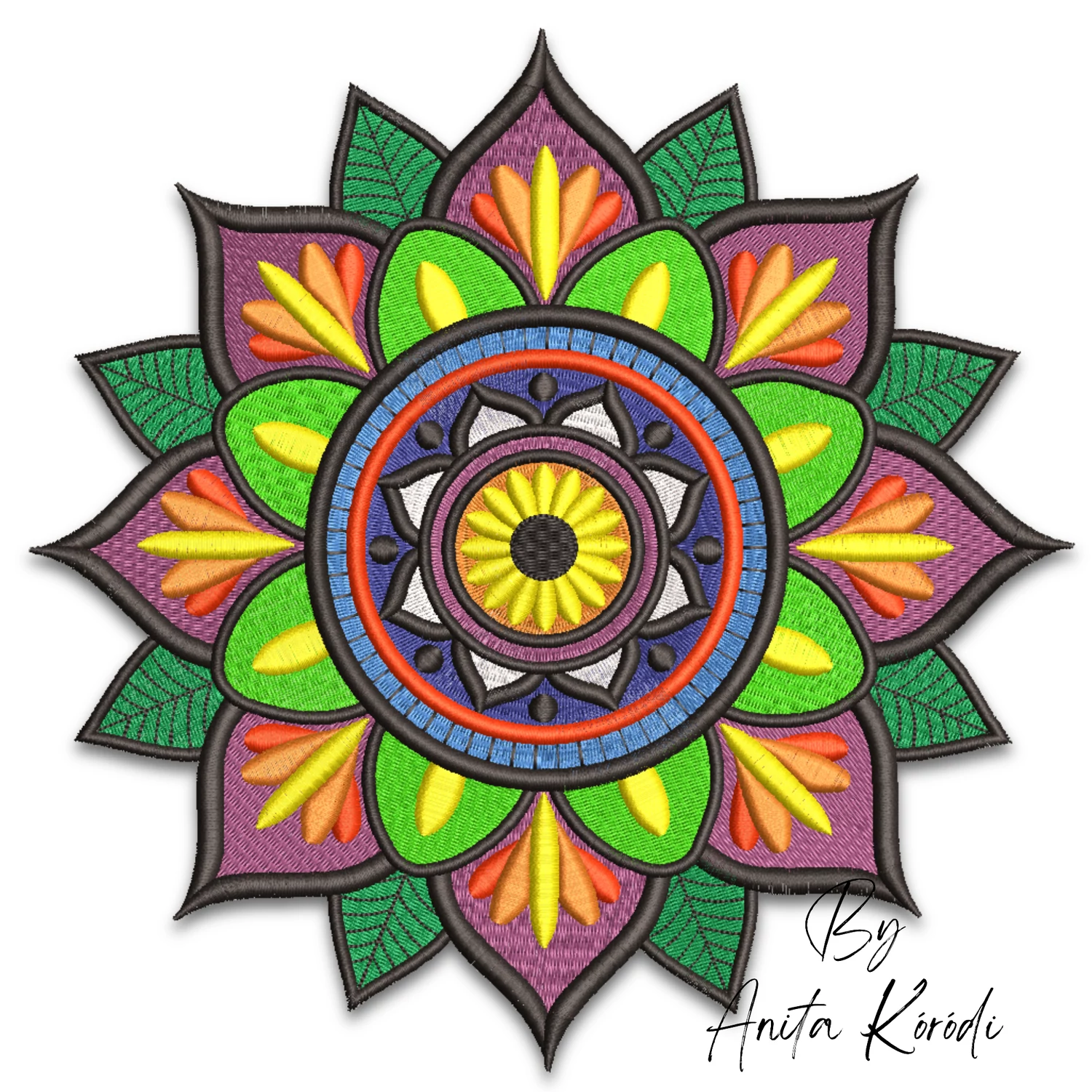 Colorful mandala machine embroidery design with floral pattern