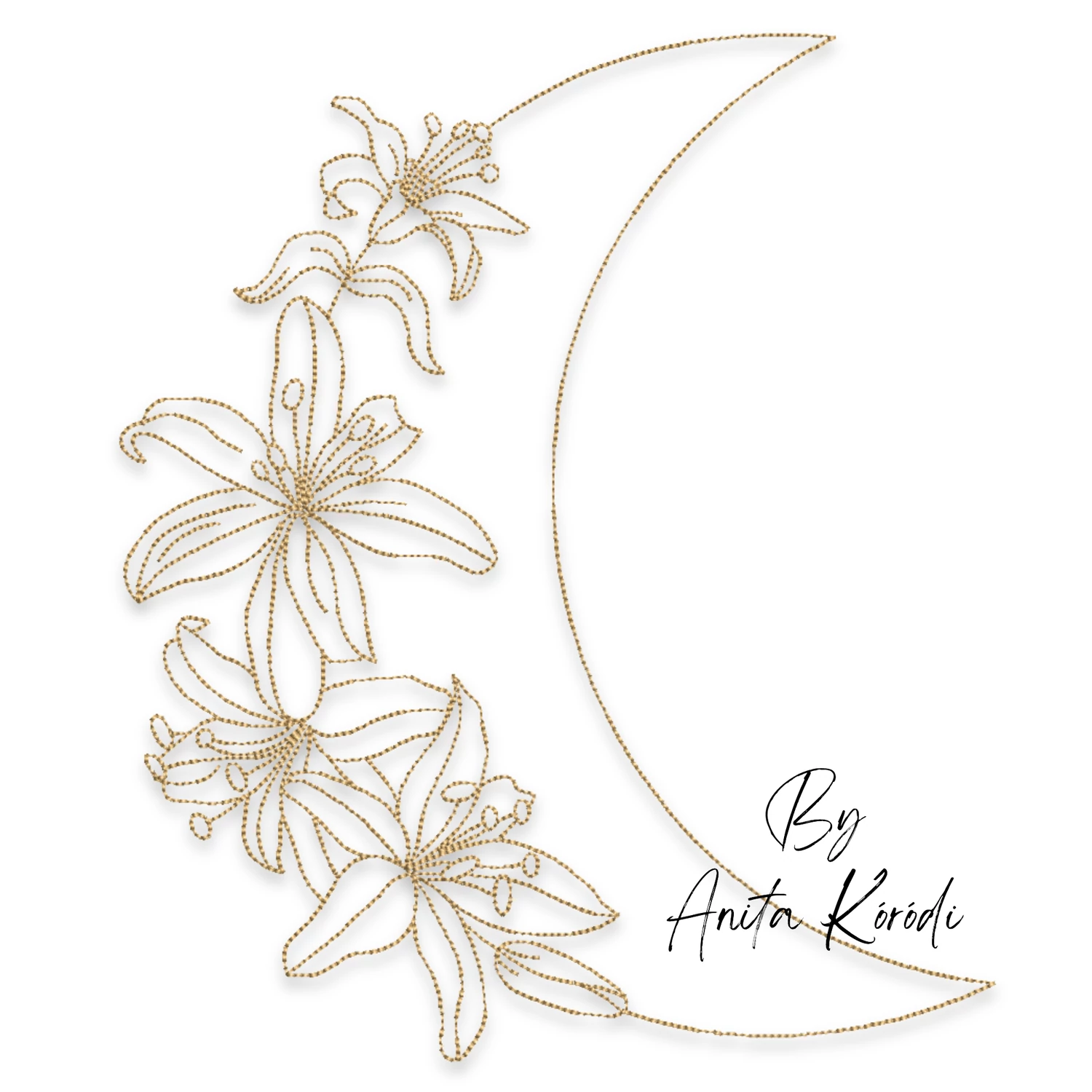 Floral crescent moon machine embroidery design with delicate flowers