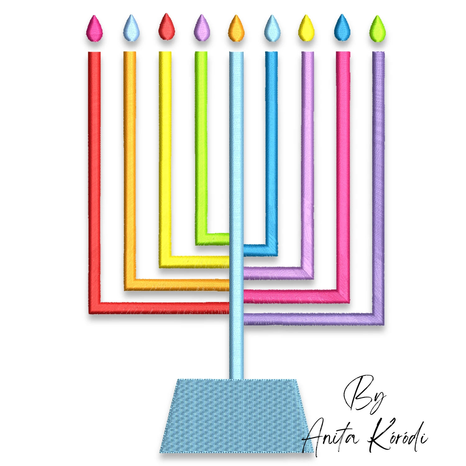 Rainbow menorah machine embroidery design with colorful candles